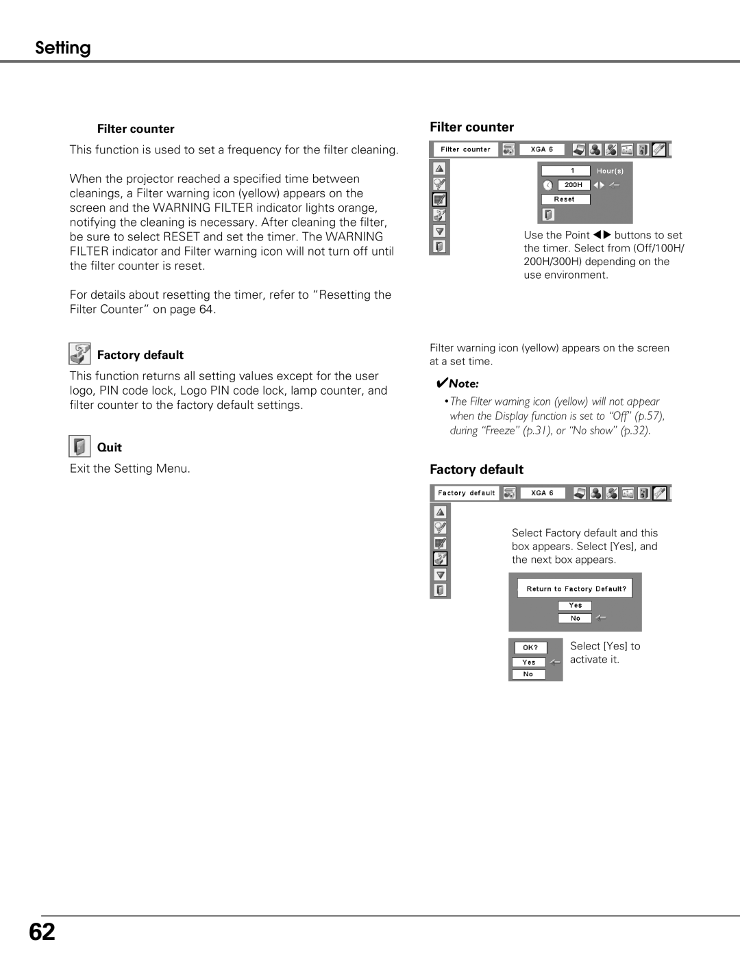 Sanyo PLC-XT21 owner manual Filter counter, Factory default 