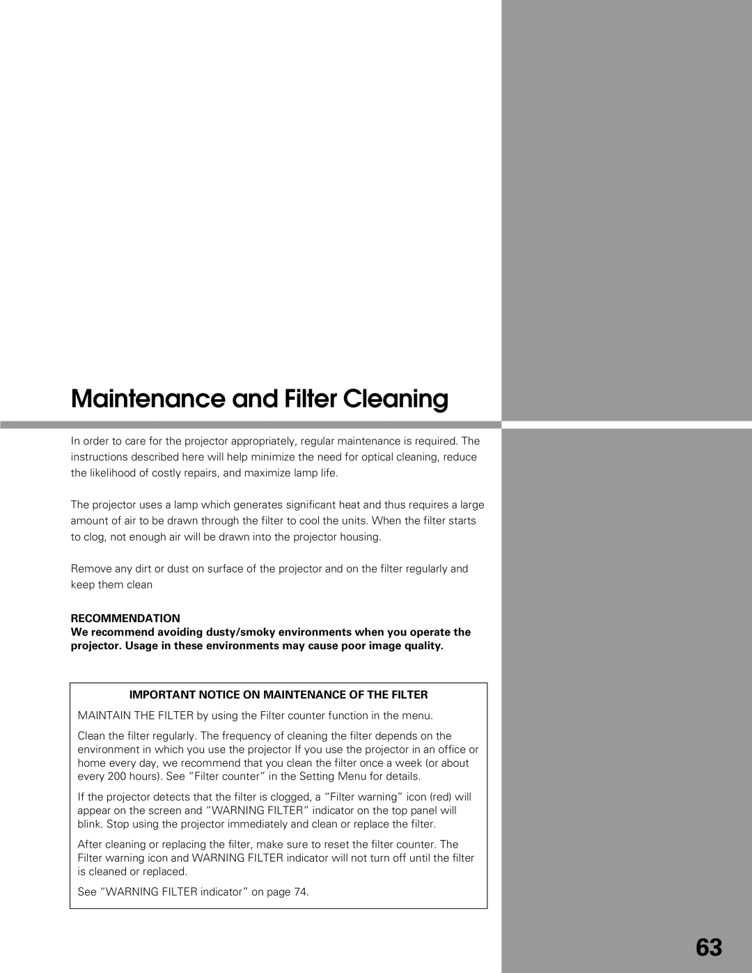 Sanyo PLC-XT21 owner manual Maintenance and Filter Cleaning, Recommendation 