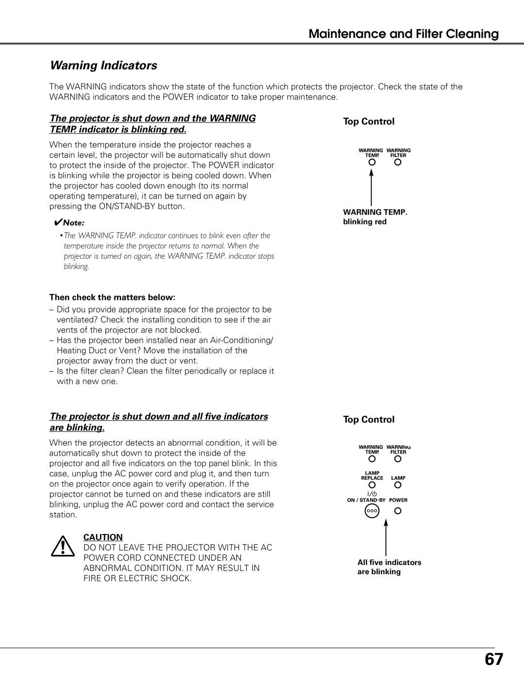 Sanyo PLC-XT21 owner manual Projector is shut down and all five indicators are blinking, Then check the matters below 