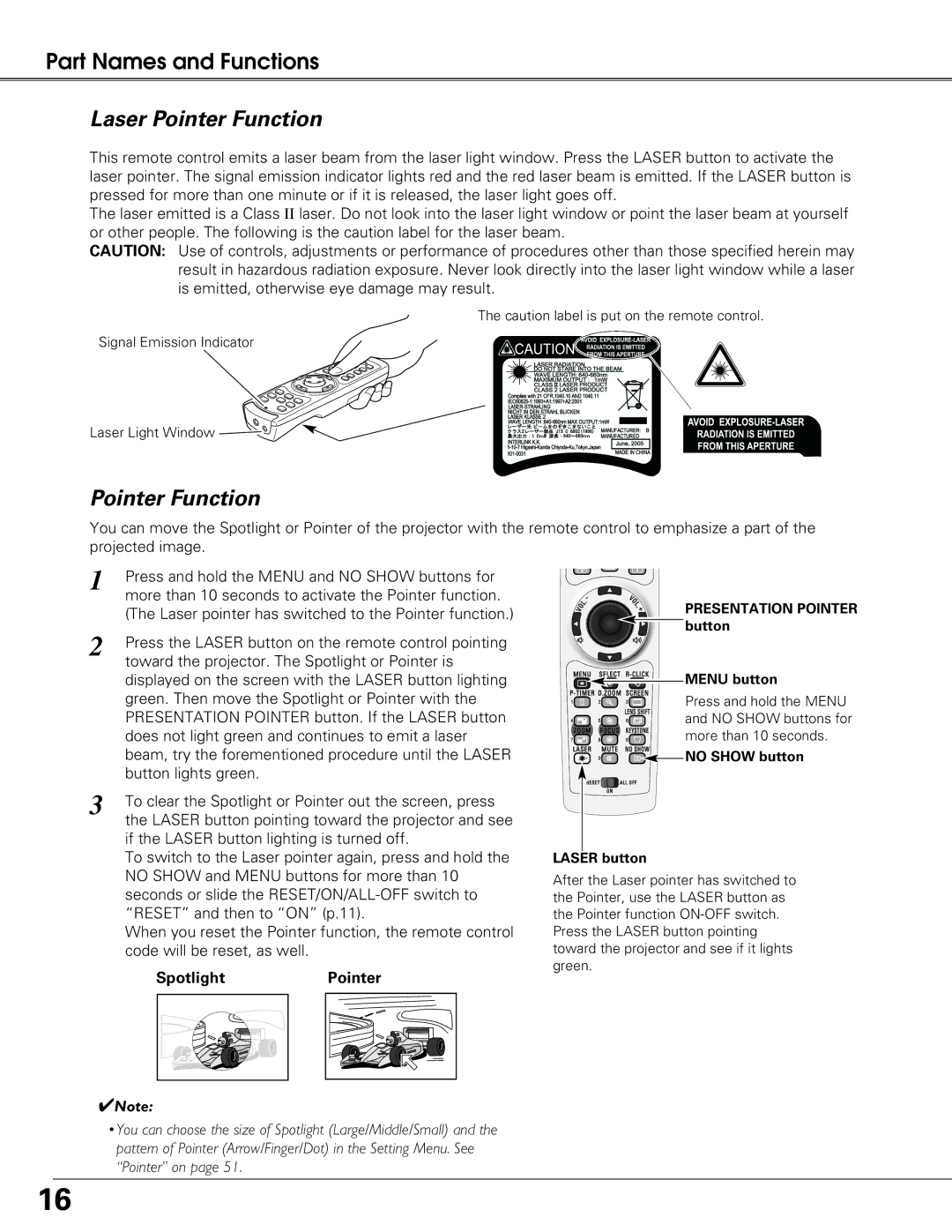 Sanyo PLC-XT25 owner manual Laser Pointer Function, Spotlight Pointer 