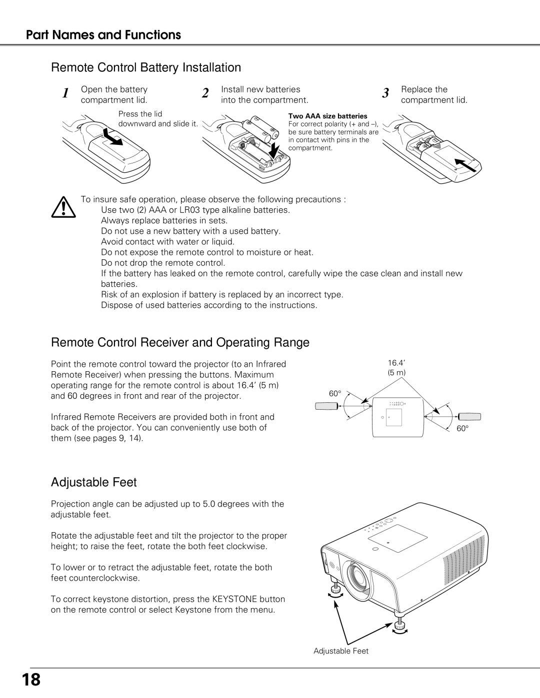 Sanyo PLC-XT25 Remote Control Battery Installation, Remote Control Receiver and Operating Range, Adjustable Feet 