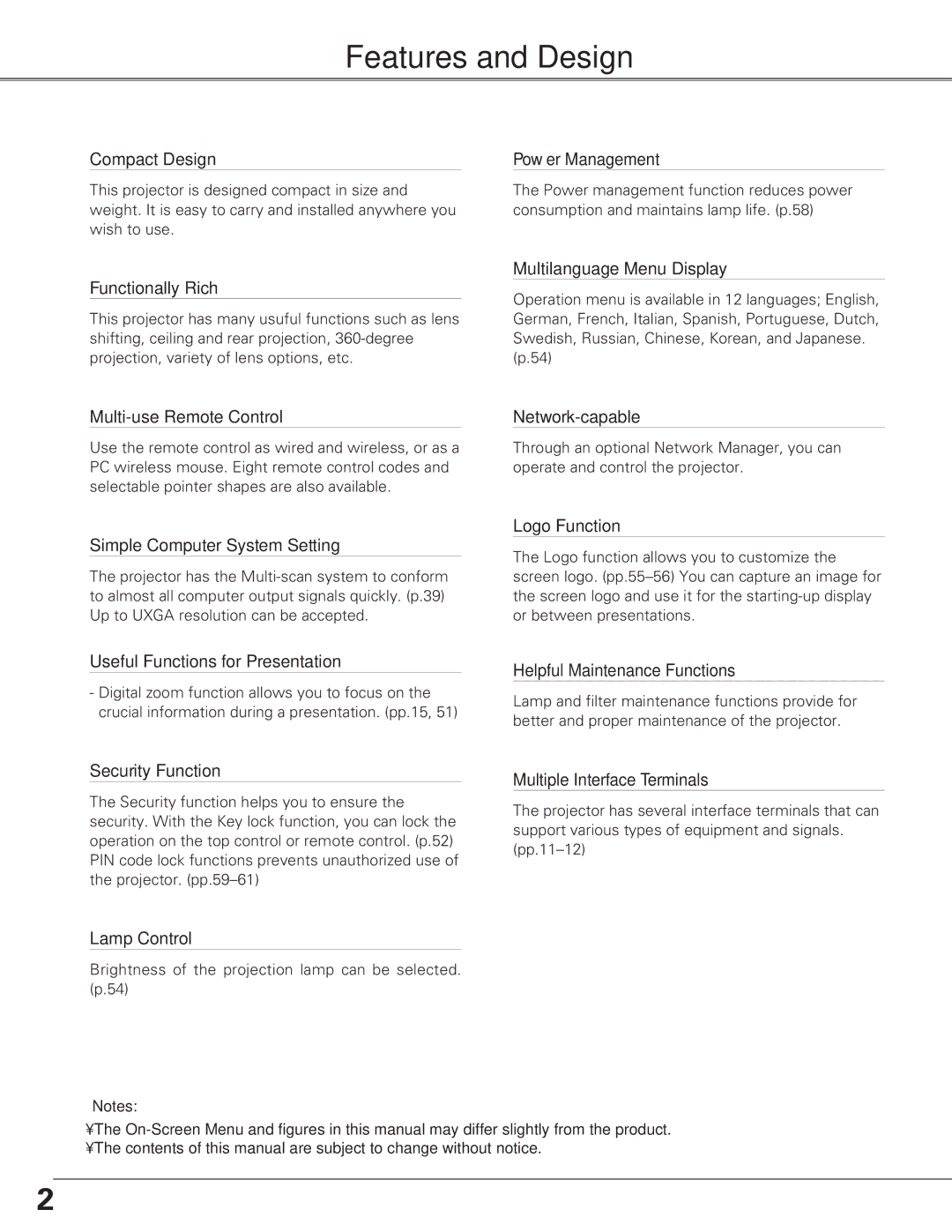 Sanyo PLC-XT25 owner manual Features and Design, Compact Design Power Management 