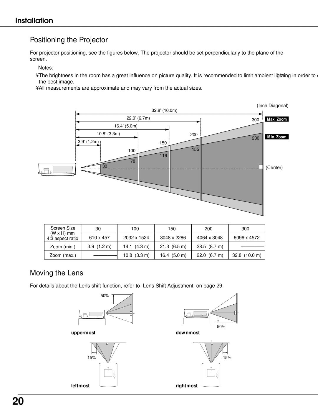 Sanyo PLC-XT25 owner manual Positioning the Projector, Moving the Lens 