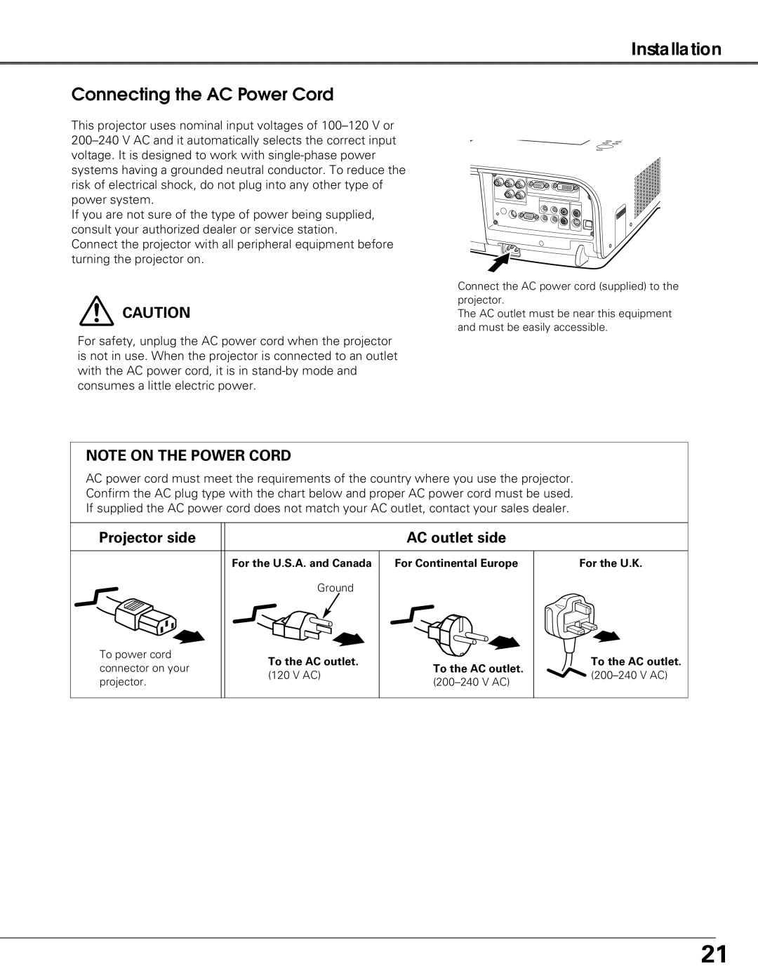 Sanyo PLC-XT25 owner manual Connecting the AC Power Cord, Projector side AC outlet side 