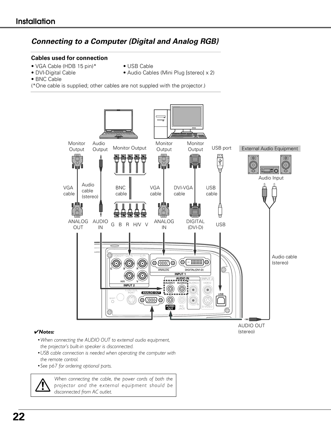 Sanyo PLC-XT25 owner manual Connecting to a Computer Digital and Analog RGB, Cables used for connection 