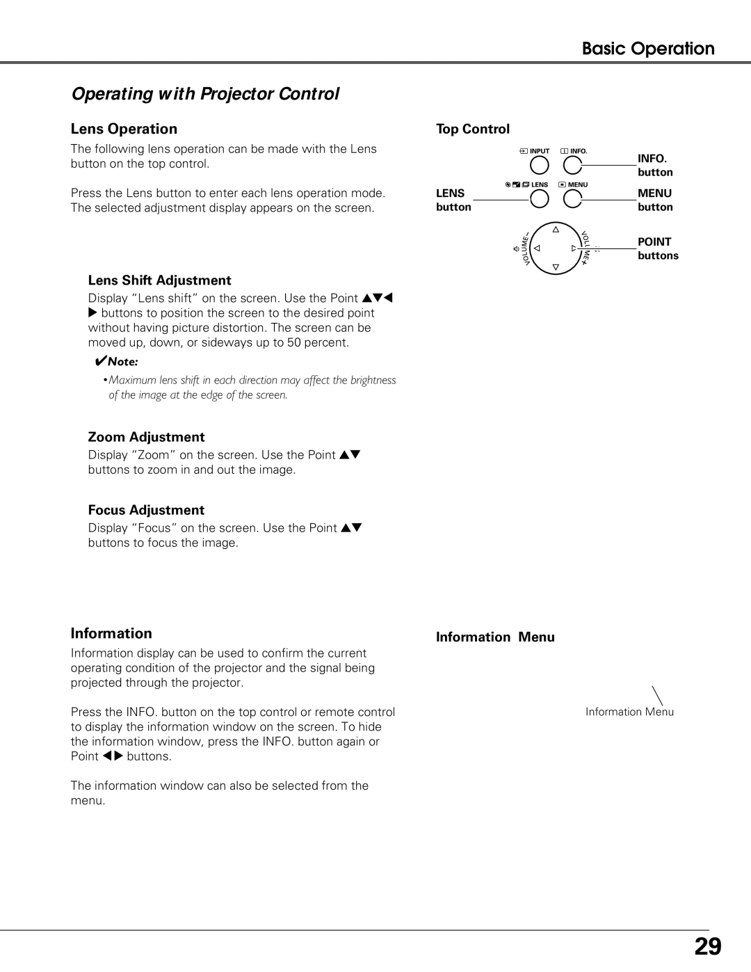 Sanyo PLC-XT25 owner manual Operating with Projector Control, Lens Operation, Information 