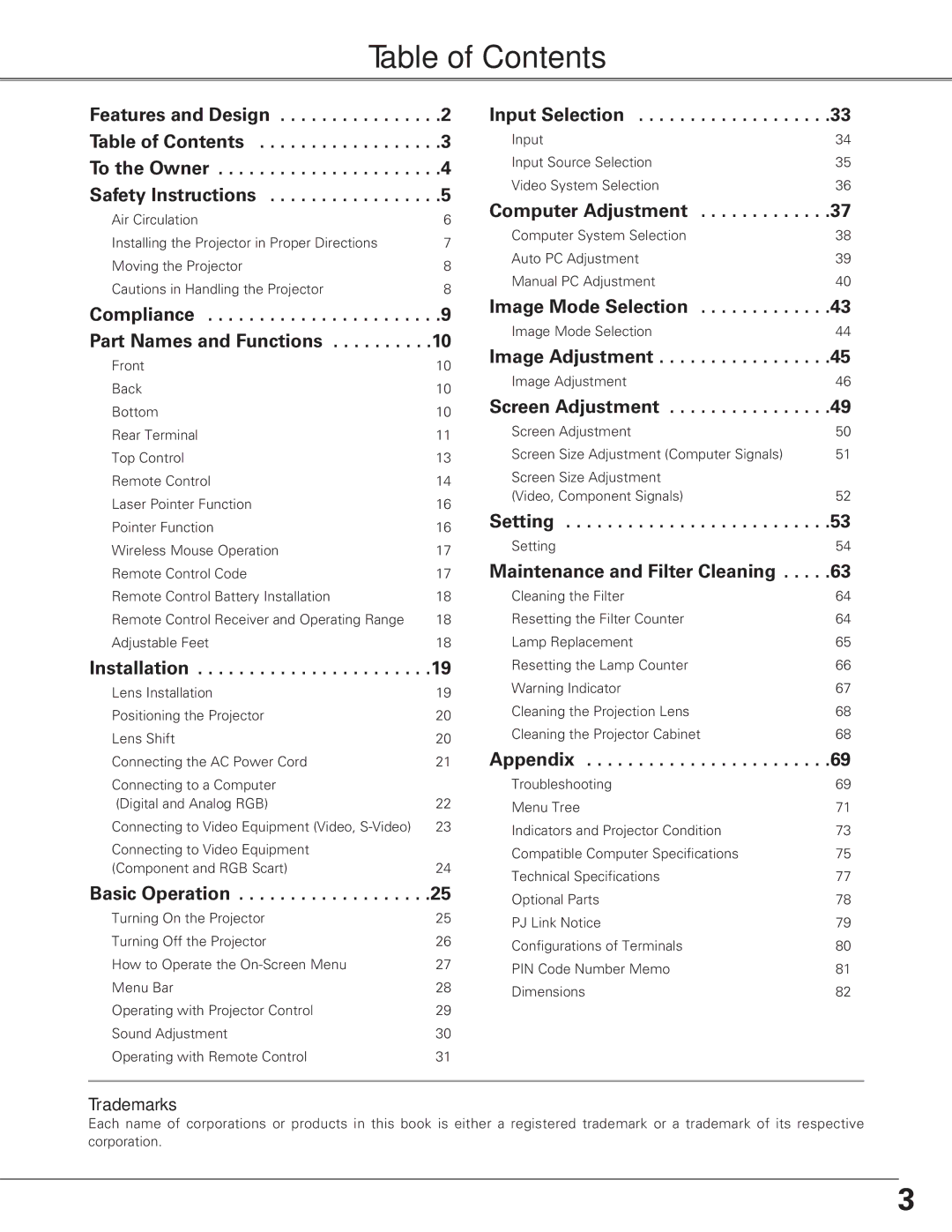 Sanyo PLC-XT25 owner manual Table of Contents 