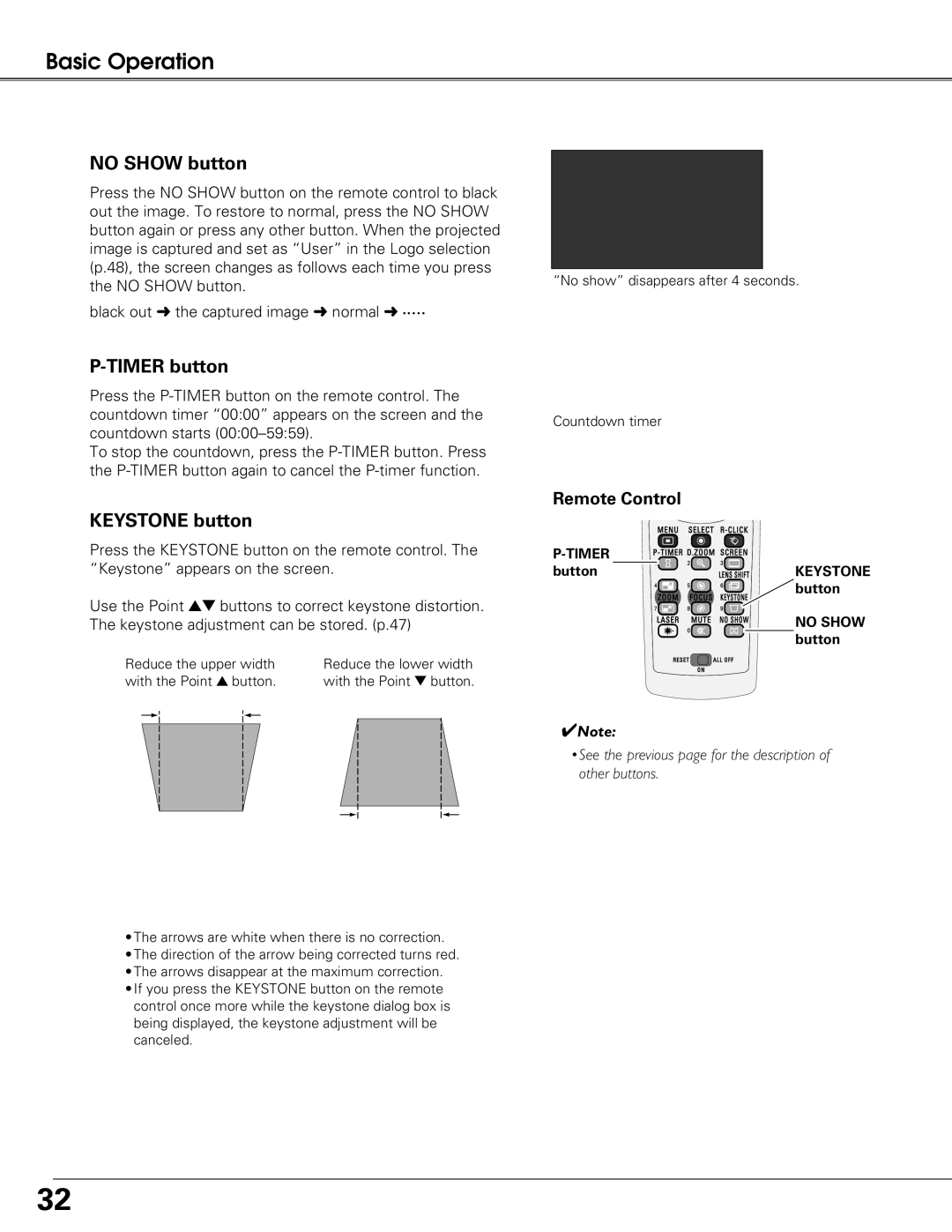 Sanyo PLC-XT25 owner manual No Show button, Timer button, Keystone button 