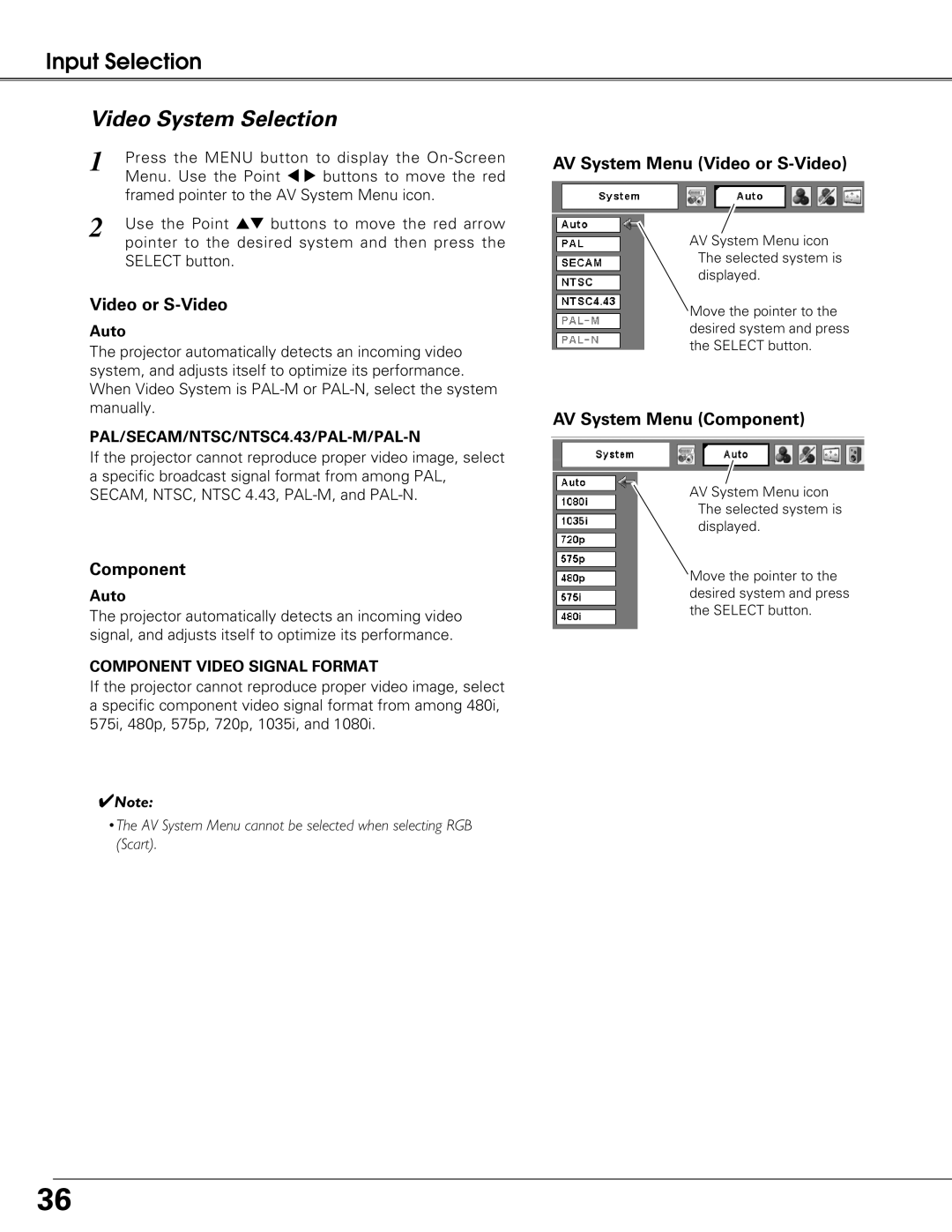 Sanyo PLC-XT25 owner manual Video System Selection, AV System Menu Video or S-Video, AV System Menu Component 