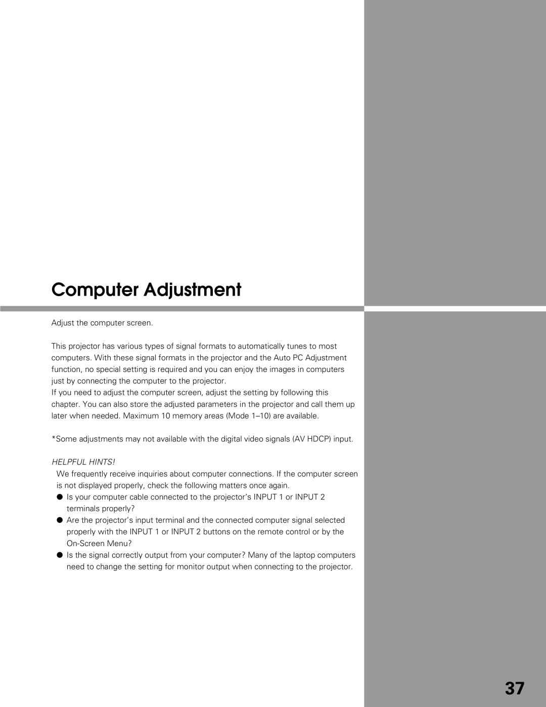 Sanyo PLC-XT25 owner manual Computer Adjustment, Helpful Hints 