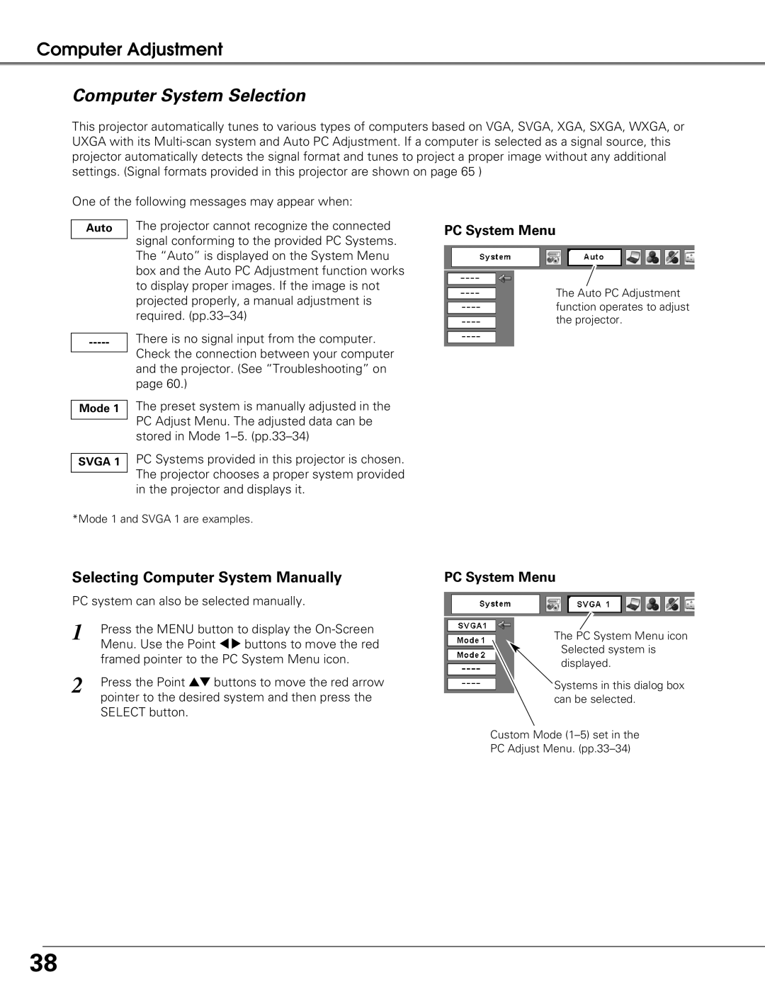 Sanyo PLC-XT25 owner manual Computer System Selection, Selecting Computer System Manually, PC System Menu 