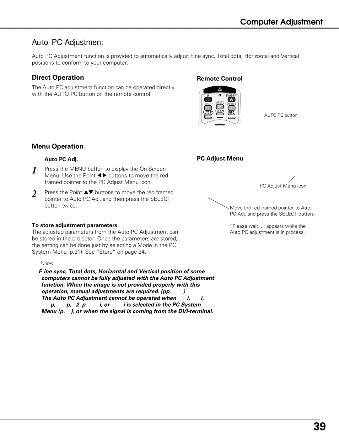 Sanyo PLC-XT25 owner manual Auto PC Adjustment, PC Adjust Menu, To store adjustment parameters 