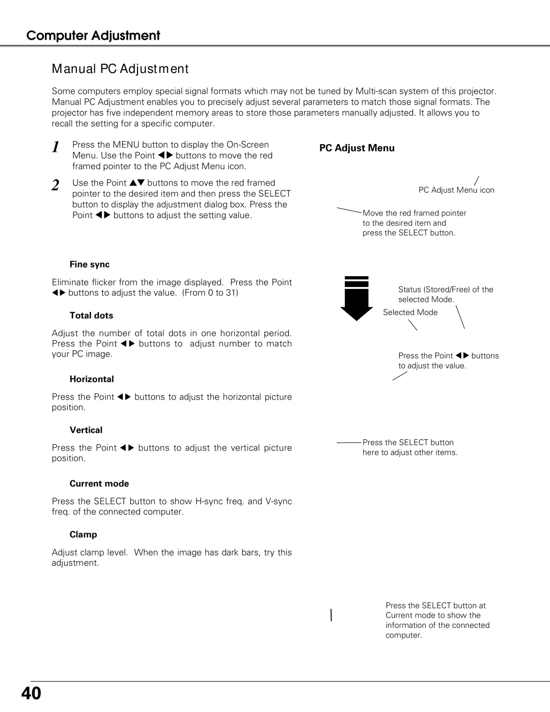 Sanyo PLC-XT25 owner manual Manual PC Adjustment 