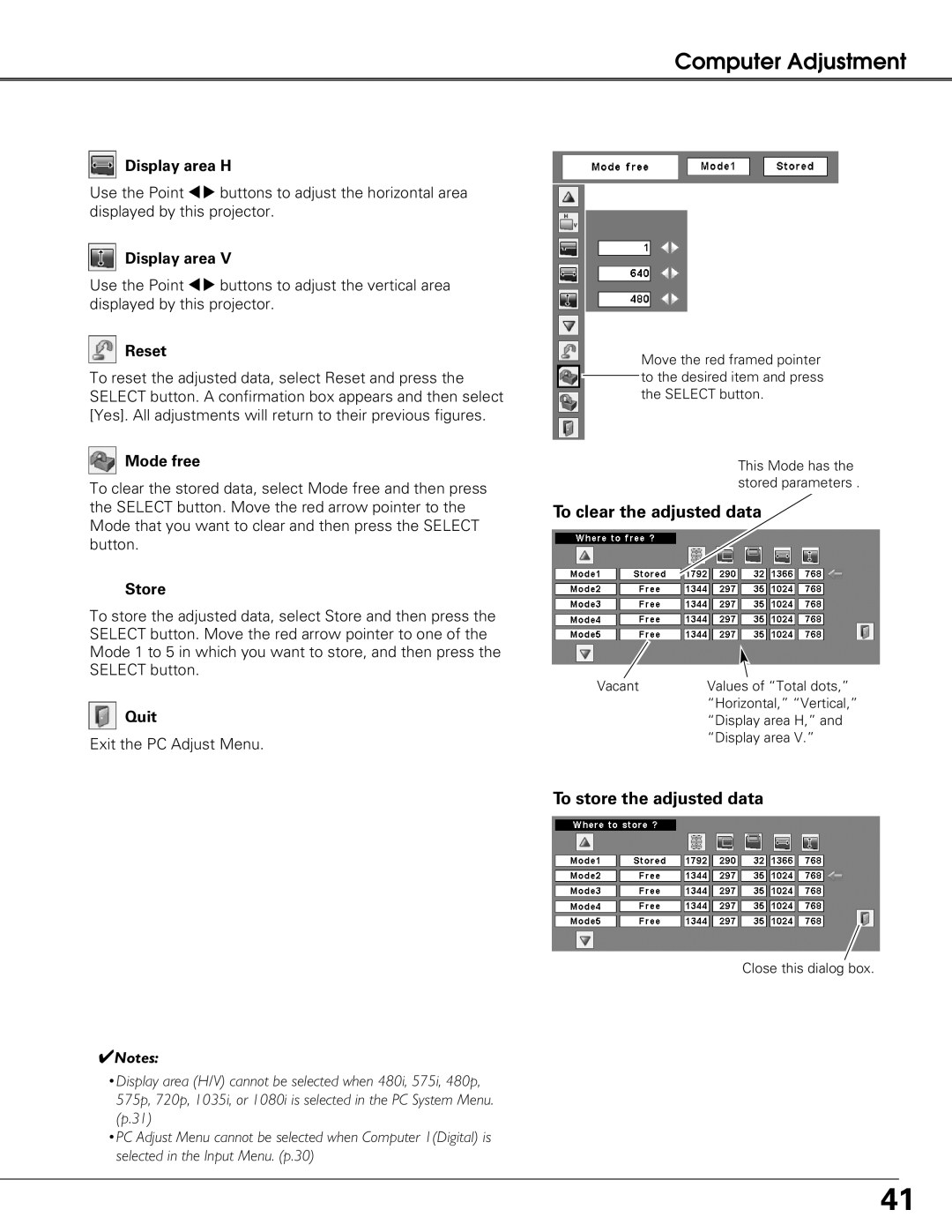 Sanyo PLC-XT25 owner manual To clear the adjusted data, To store the adjusted data 