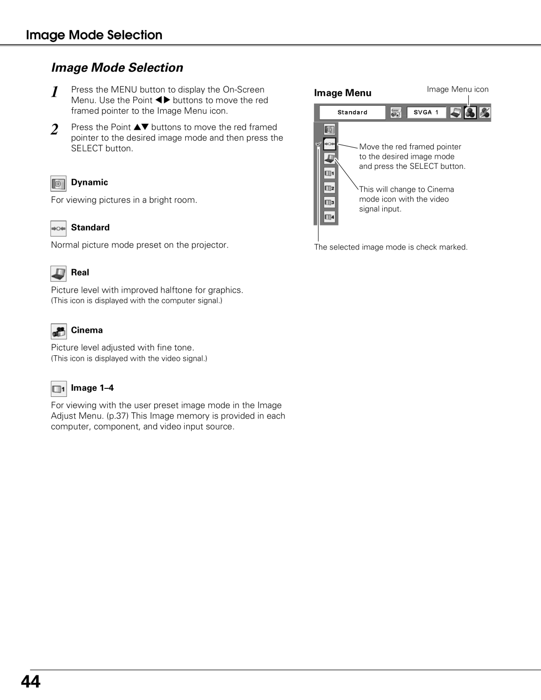 Sanyo PLC-XT25 owner manual Image Mode Selection, Image Menu 