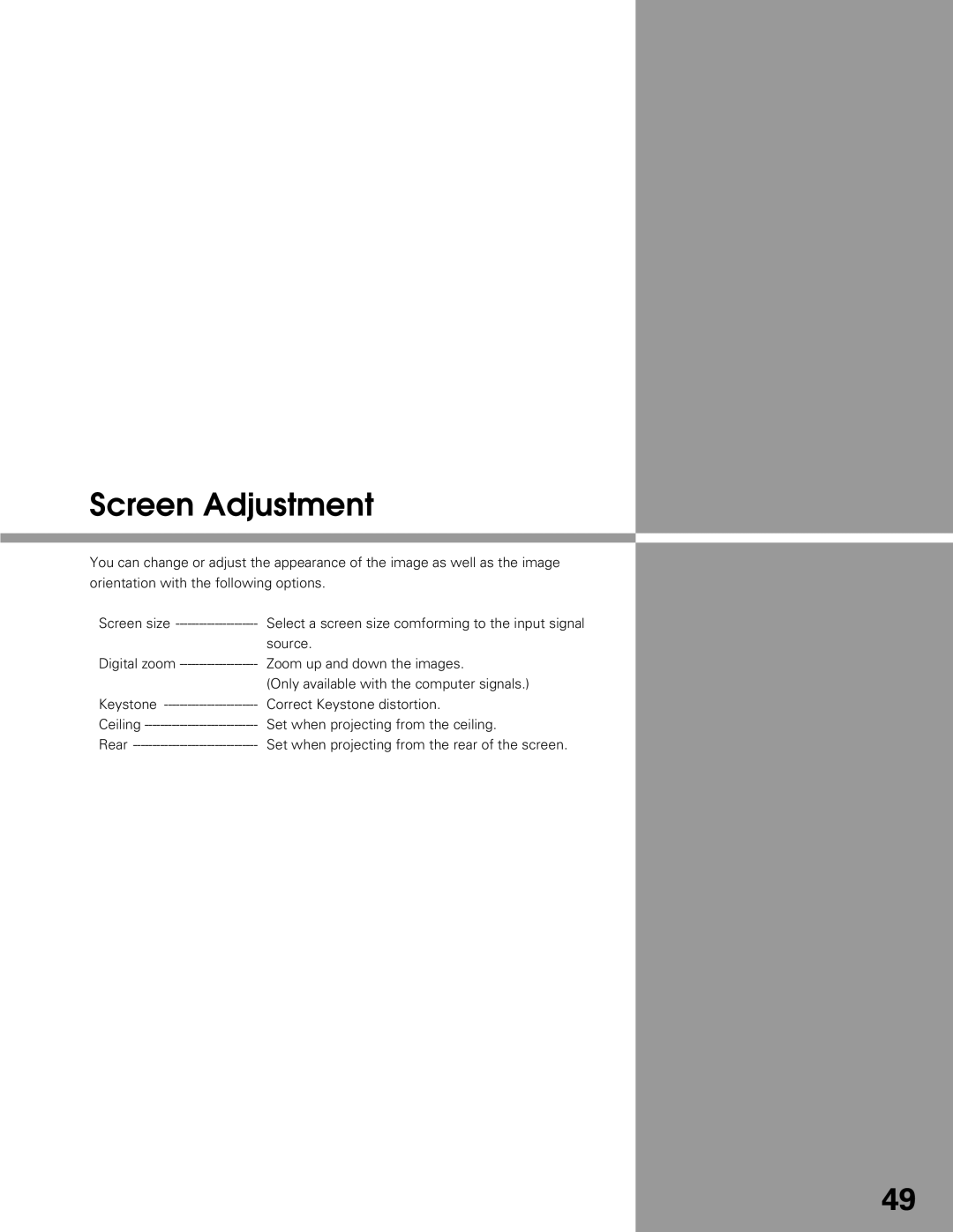 Sanyo PLC-XT25 owner manual Screen Adjustment 