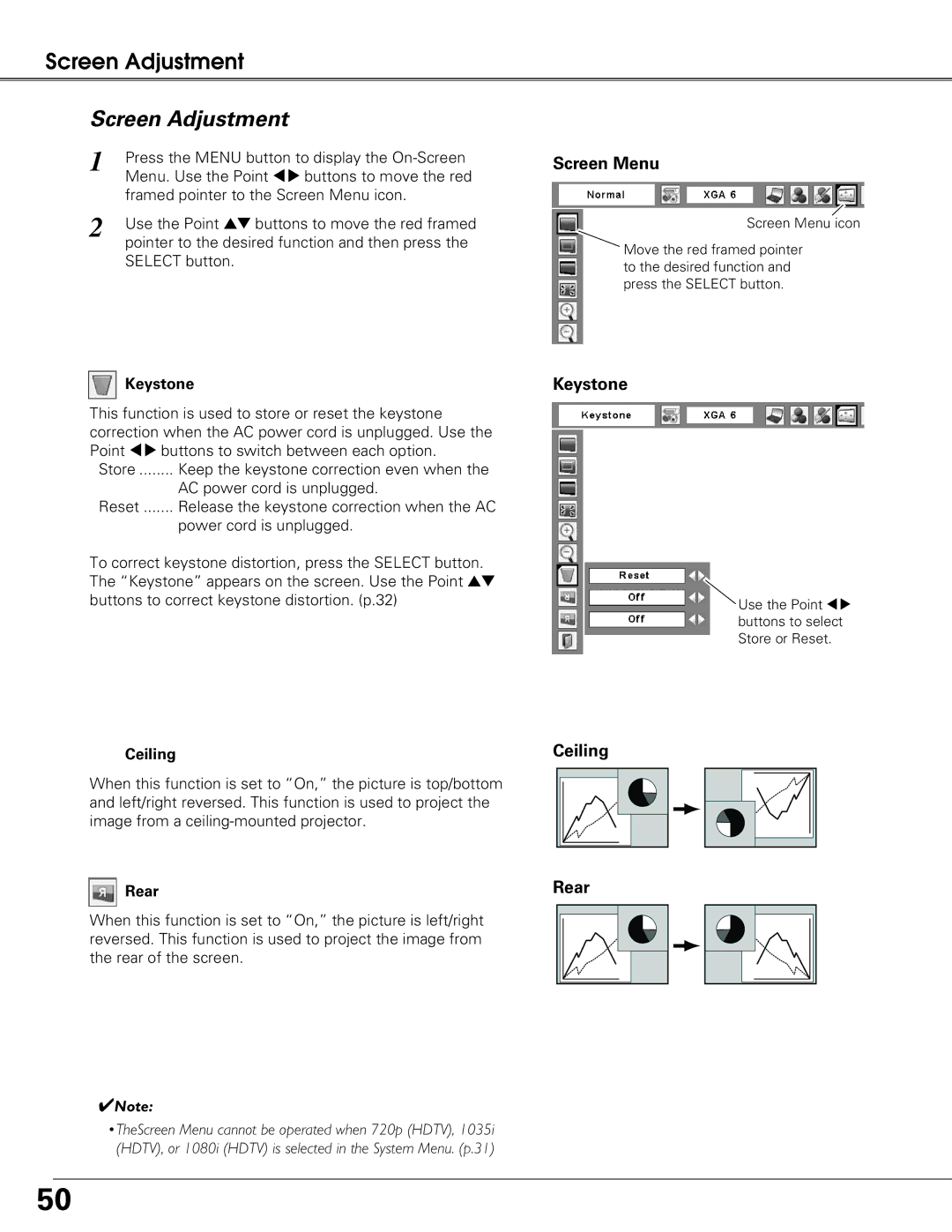 Sanyo PLC-XT25 owner manual Screen Adjustment, Screen Menu, Keystone 