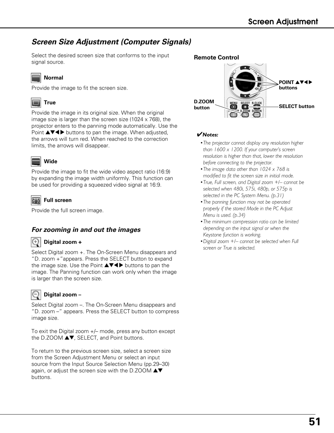 Sanyo PLC-XT25 owner manual Screen Size Adjustment Computer Signals 