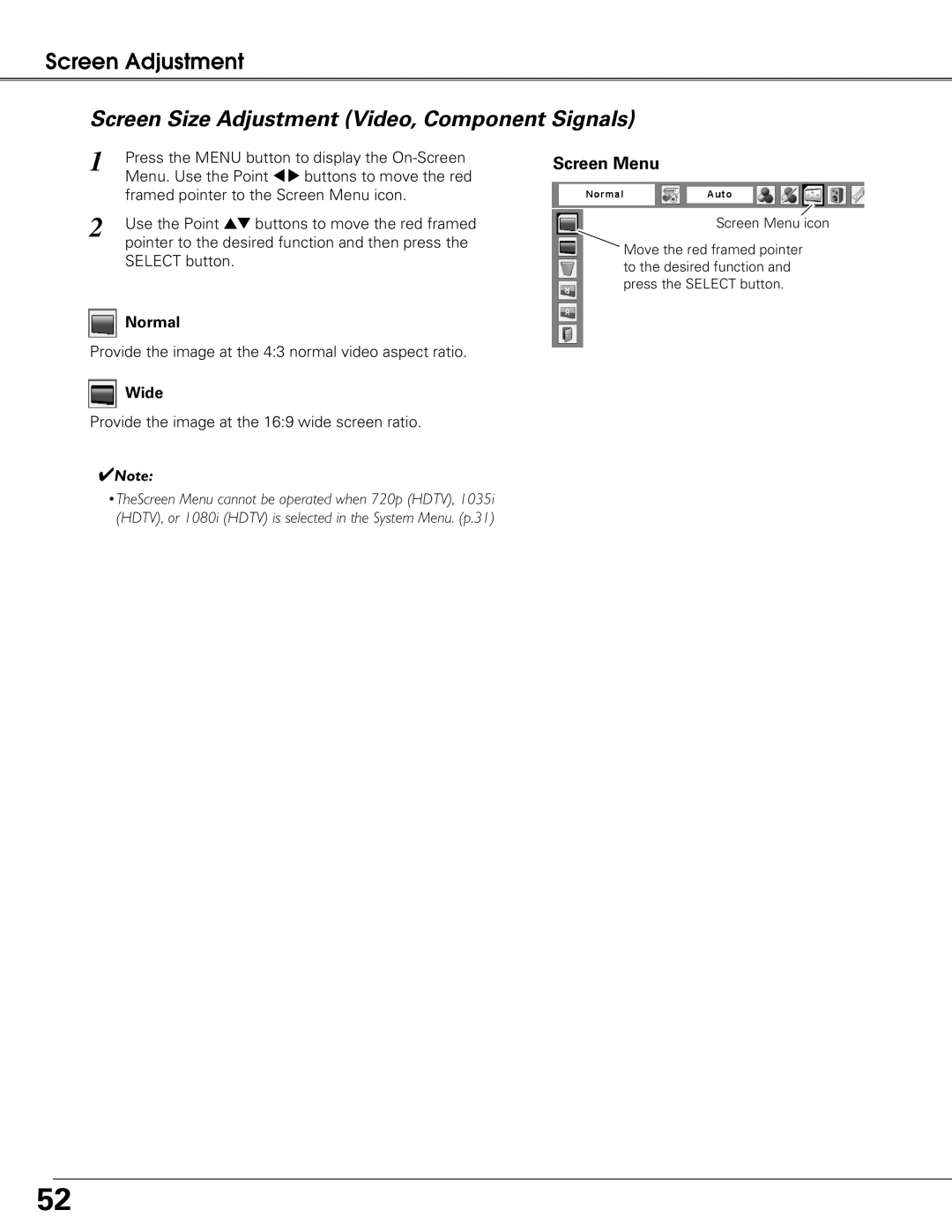 Sanyo PLC-XT25 owner manual Screen Size Adjustment Video, Component Signals 