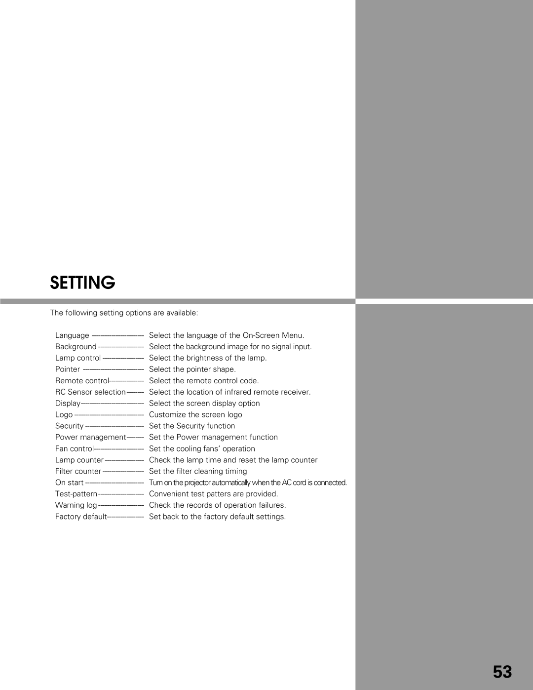 Sanyo PLC-XT25 owner manual Setting 