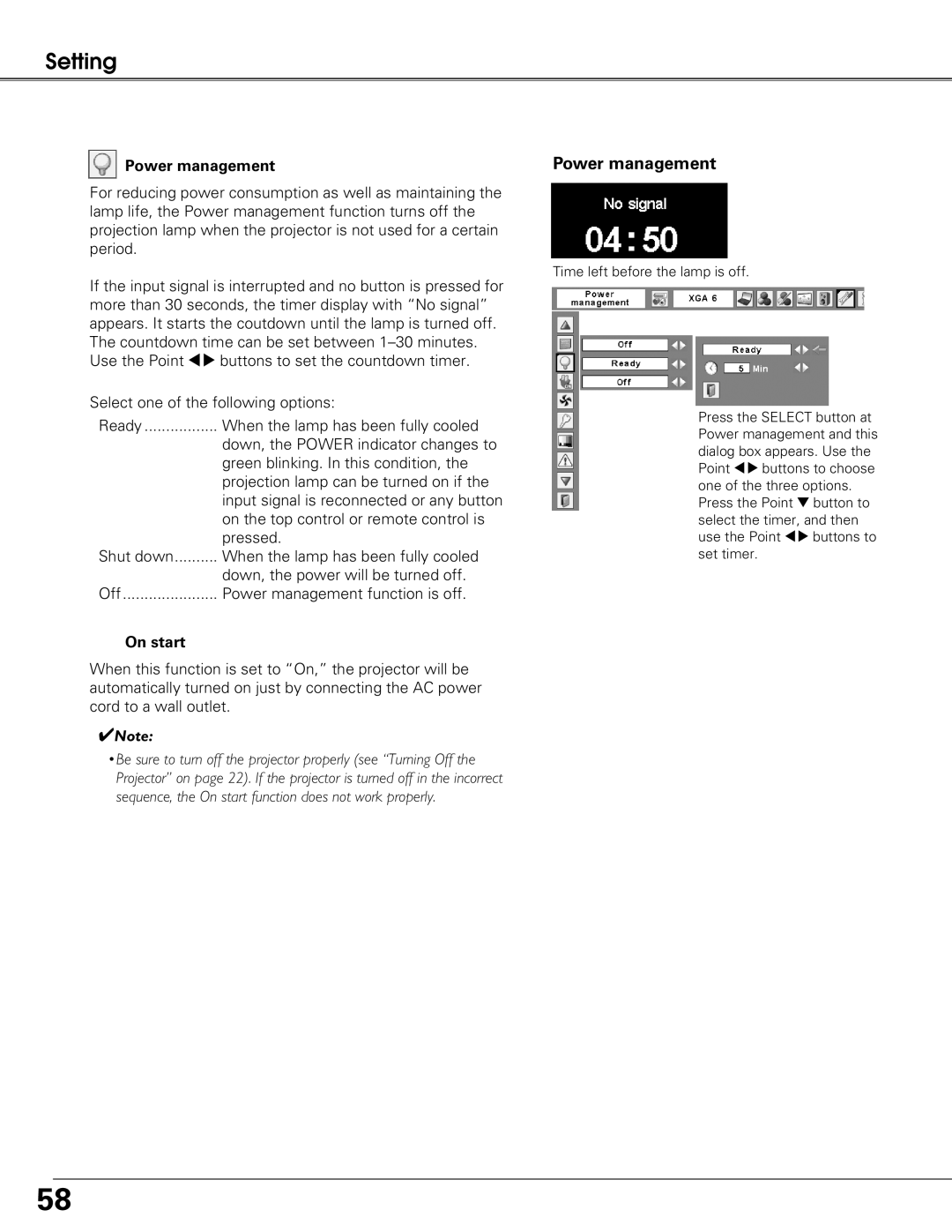 Sanyo PLC-XT25 owner manual Power management, On start 