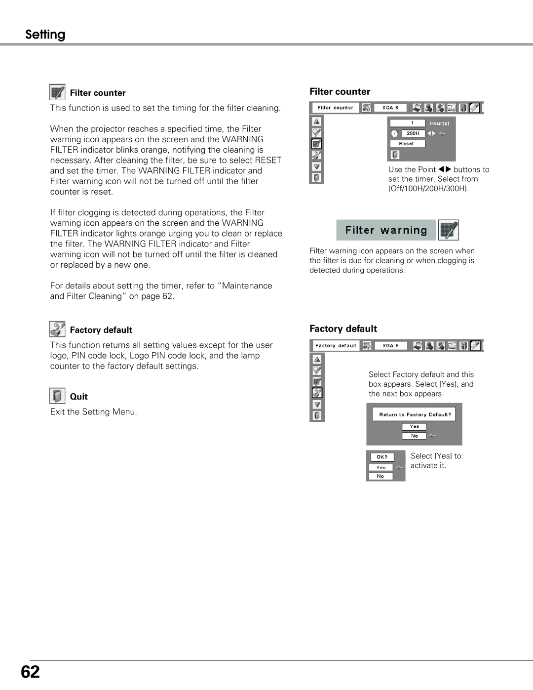 Sanyo PLC-XT25 owner manual Filter counter, Factory default 