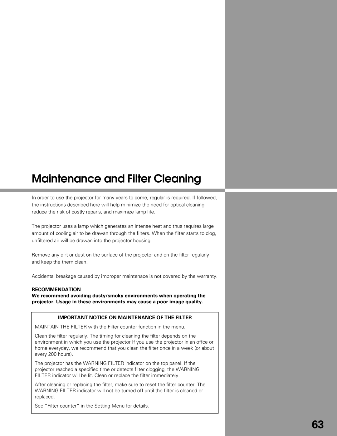 Sanyo PLC-XT25 owner manual Maintenance and Filter Cleaning, Recommendation 