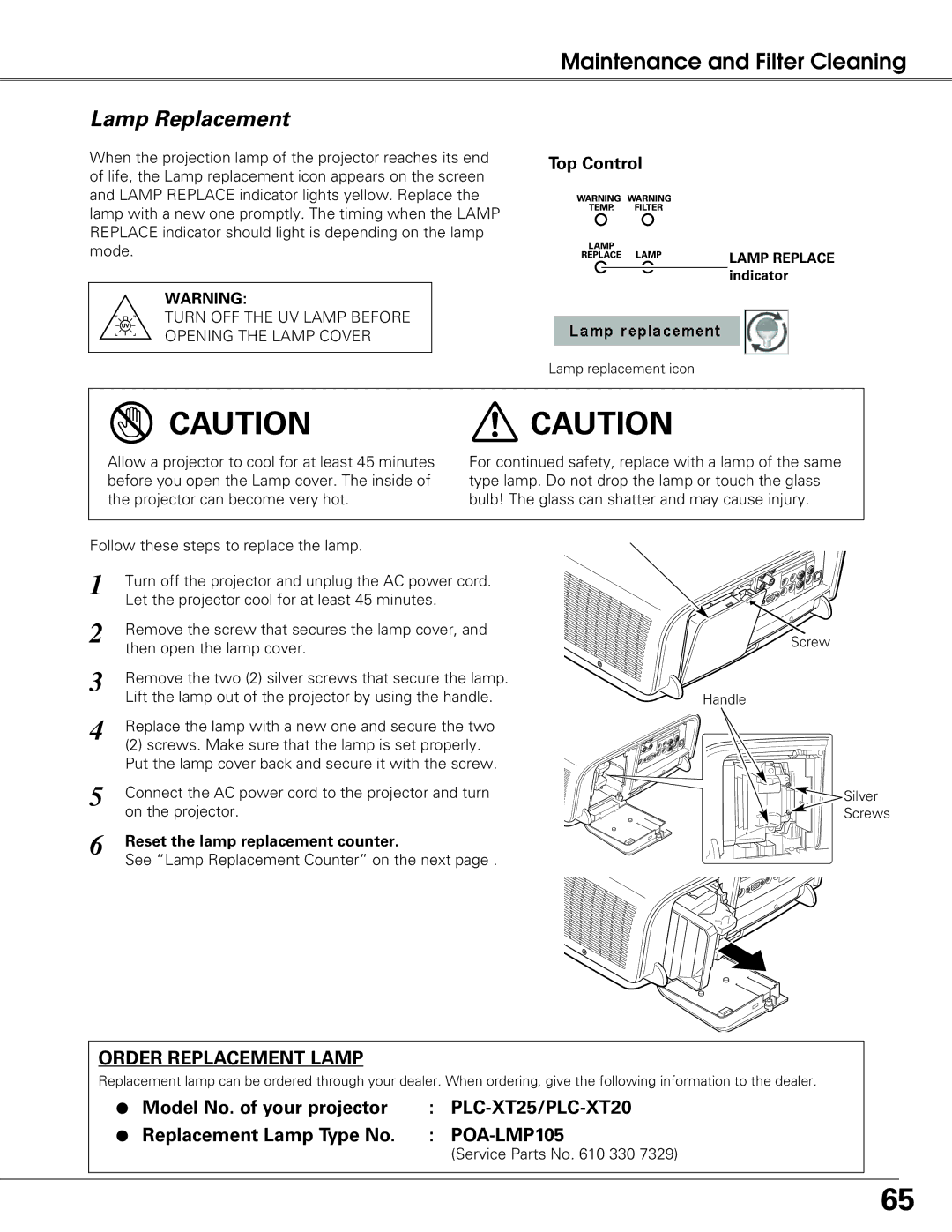 Sanyo PLC-XT25 owner manual Lamp Replacement, Reset the lamp replacement counter 