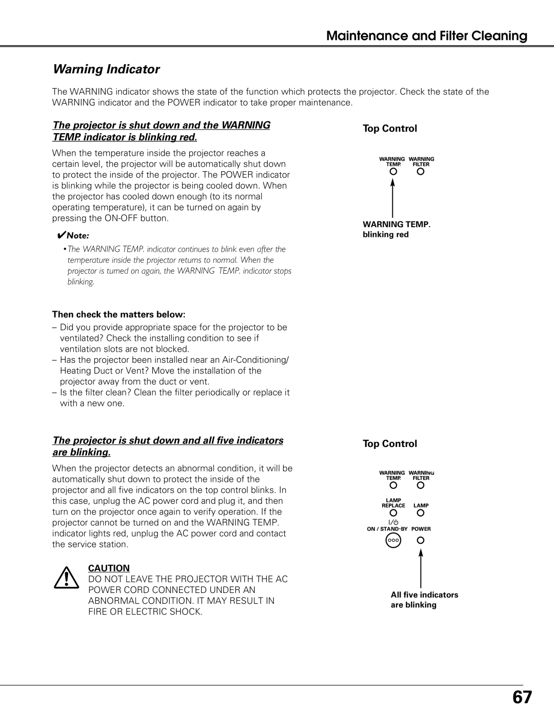 Sanyo PLC-XT25 owner manual Projector is shut down and all five indicators are blinking, Then check the matters below 