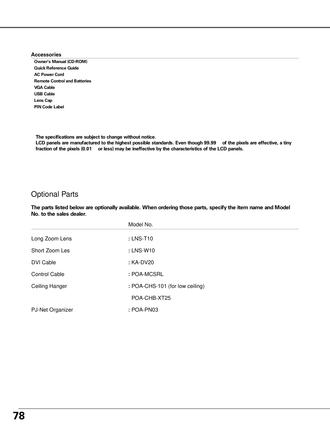 Sanyo PLC-XT25 owner manual Optional Parts, Accessories 