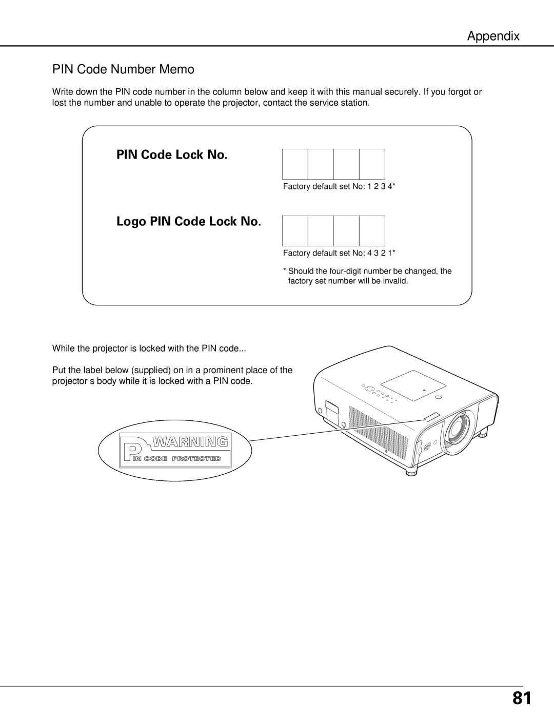 Sanyo PLC-XT25 owner manual PIN Code Number Memo, Logo PIN Code Lock No 