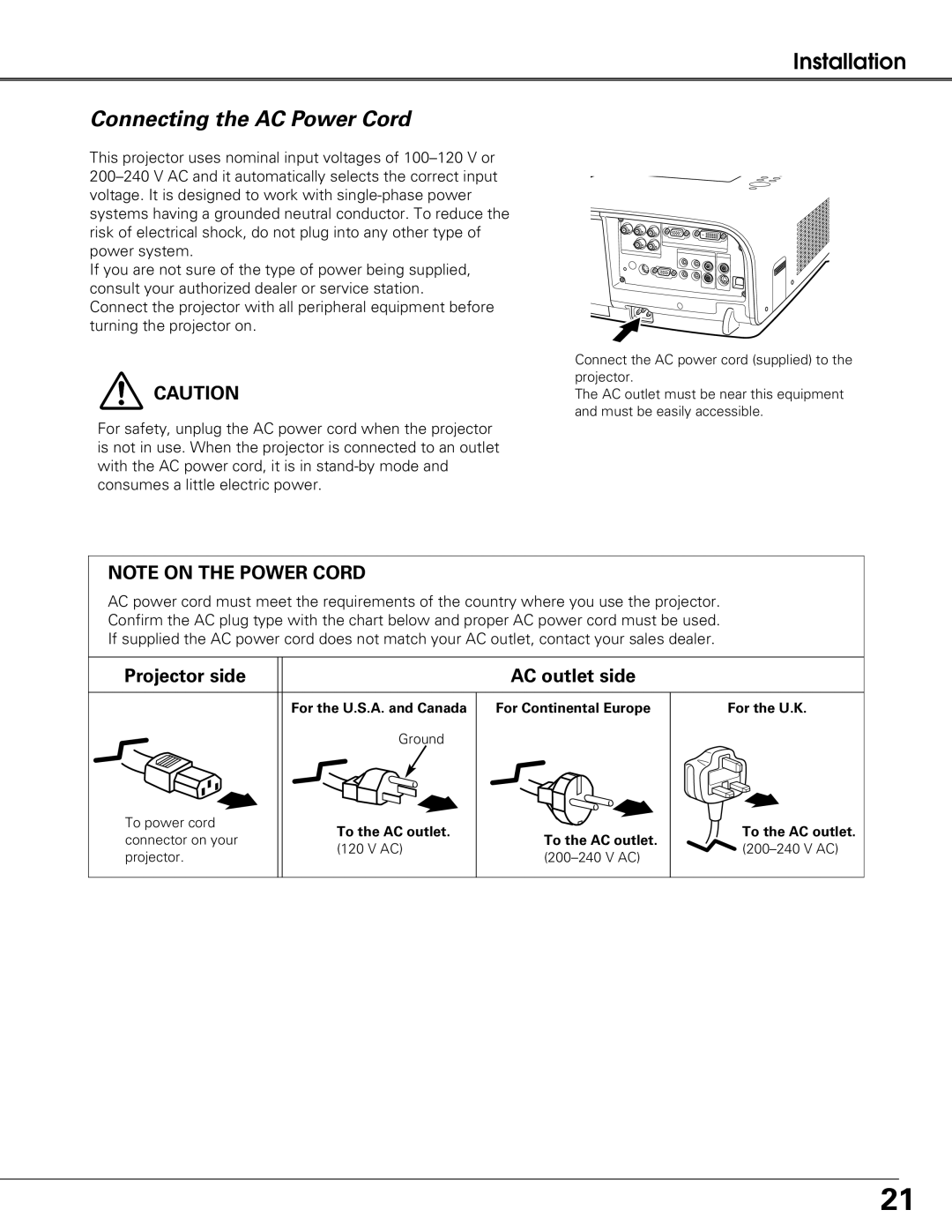 Sanyo PLC-XT25K, PLC-XT20L*, PLC-XT20K owner manual Connecting the AC Power Cord, Projector side AC outlet side 