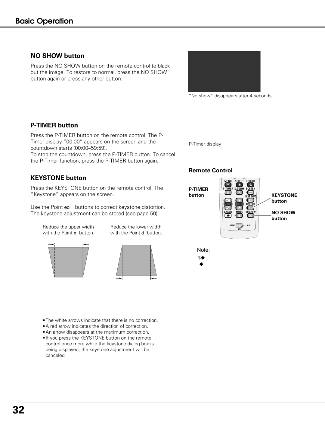 Sanyo PLC-XT20K, PLC-XT25K, PLC-XT20L* owner manual No Show button, Timer button, Keystone button 