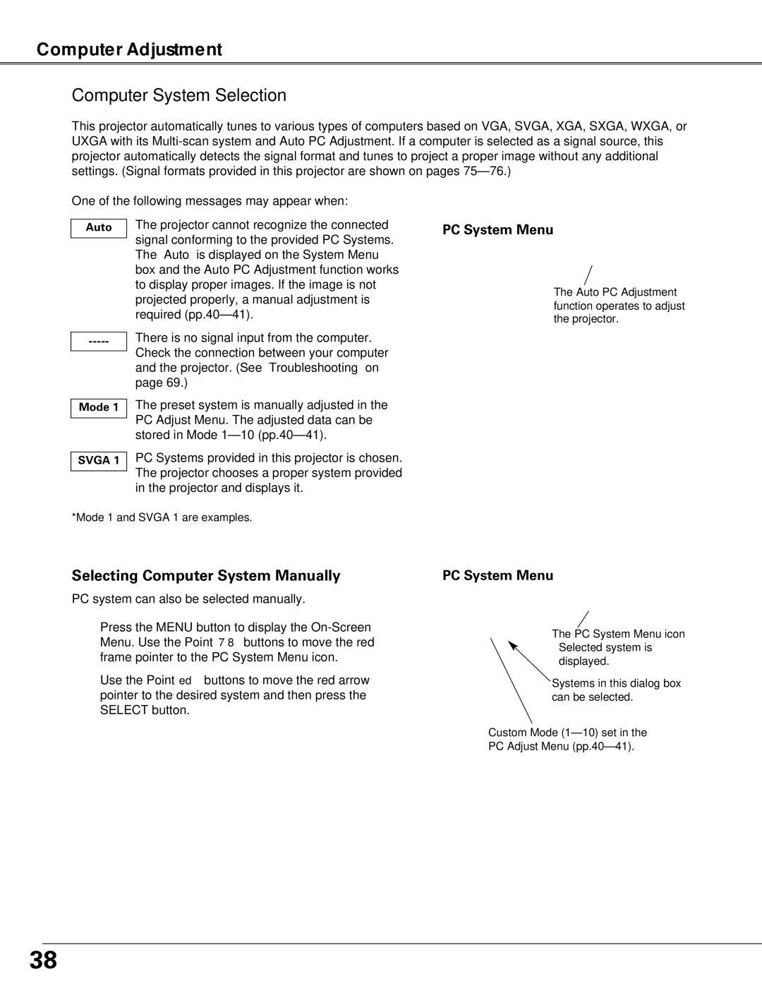 Sanyo PLC-XT20K, PLC-XT25K, PLC-XT20L* Computer System Selection, Selecting Computer System Manually, PC System Menu 