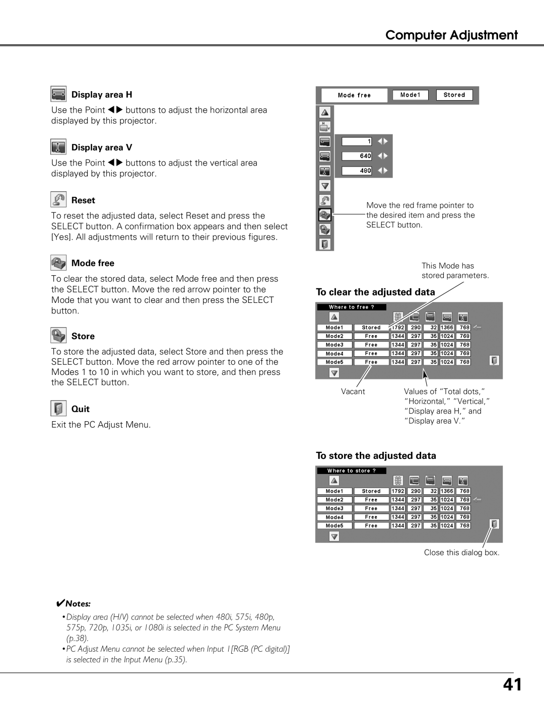 Sanyo PLC-XT20K, PLC-XT25K, PLC-XT20L* owner manual To clear the adjusted data, To store the adjusted data 