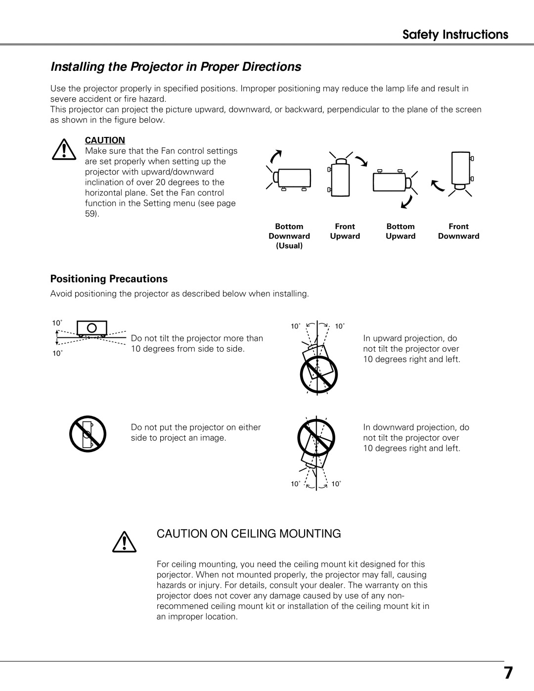 Sanyo PLC-XT20L*, PLC-XT25K, PLC-XT20K owner manual Installing the Projector in Proper Directions, Positioning Precautions 