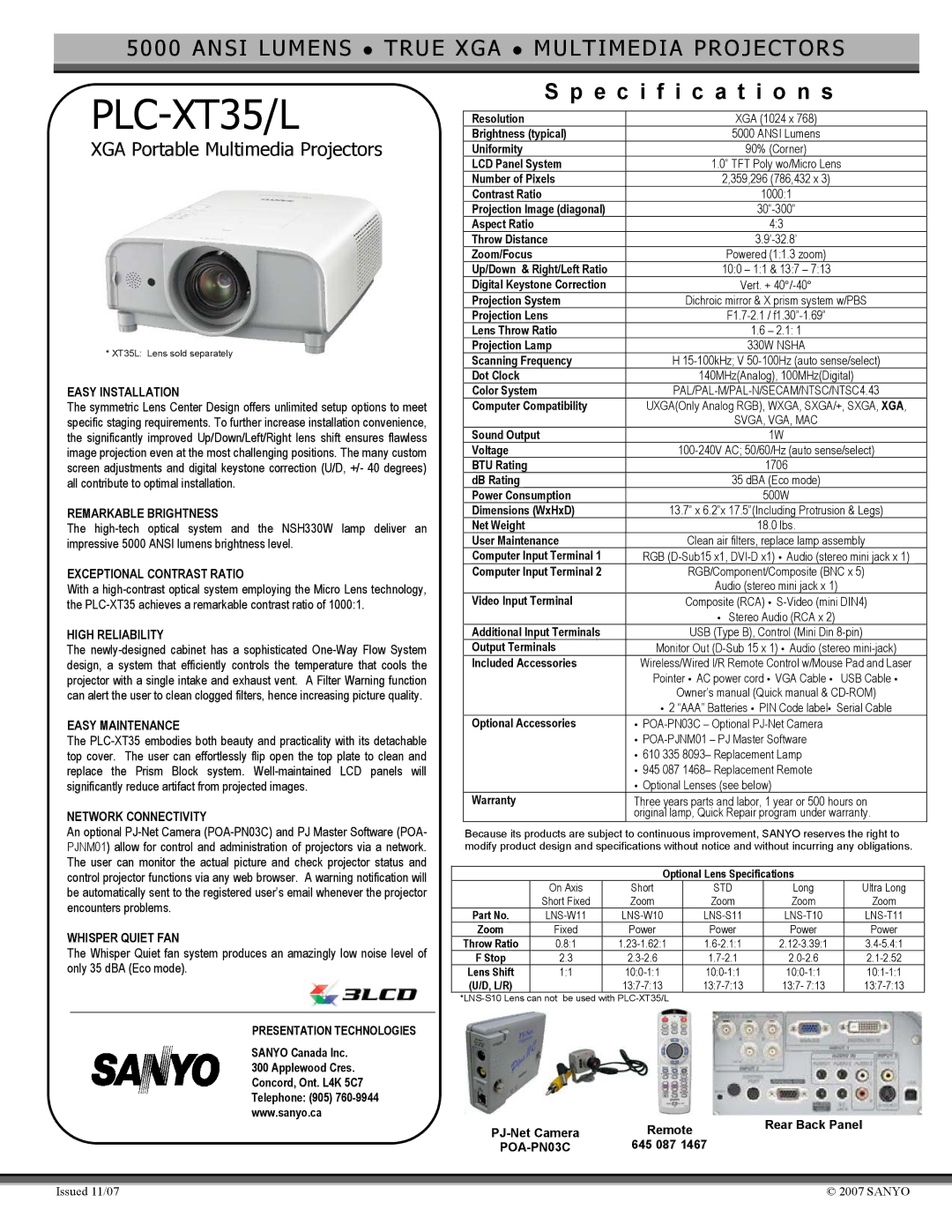 Sanyo PLC-XT35 specifications Easy Installation, Remarkable Brightness, Exceptional Contrast Ratio, High Reliability 