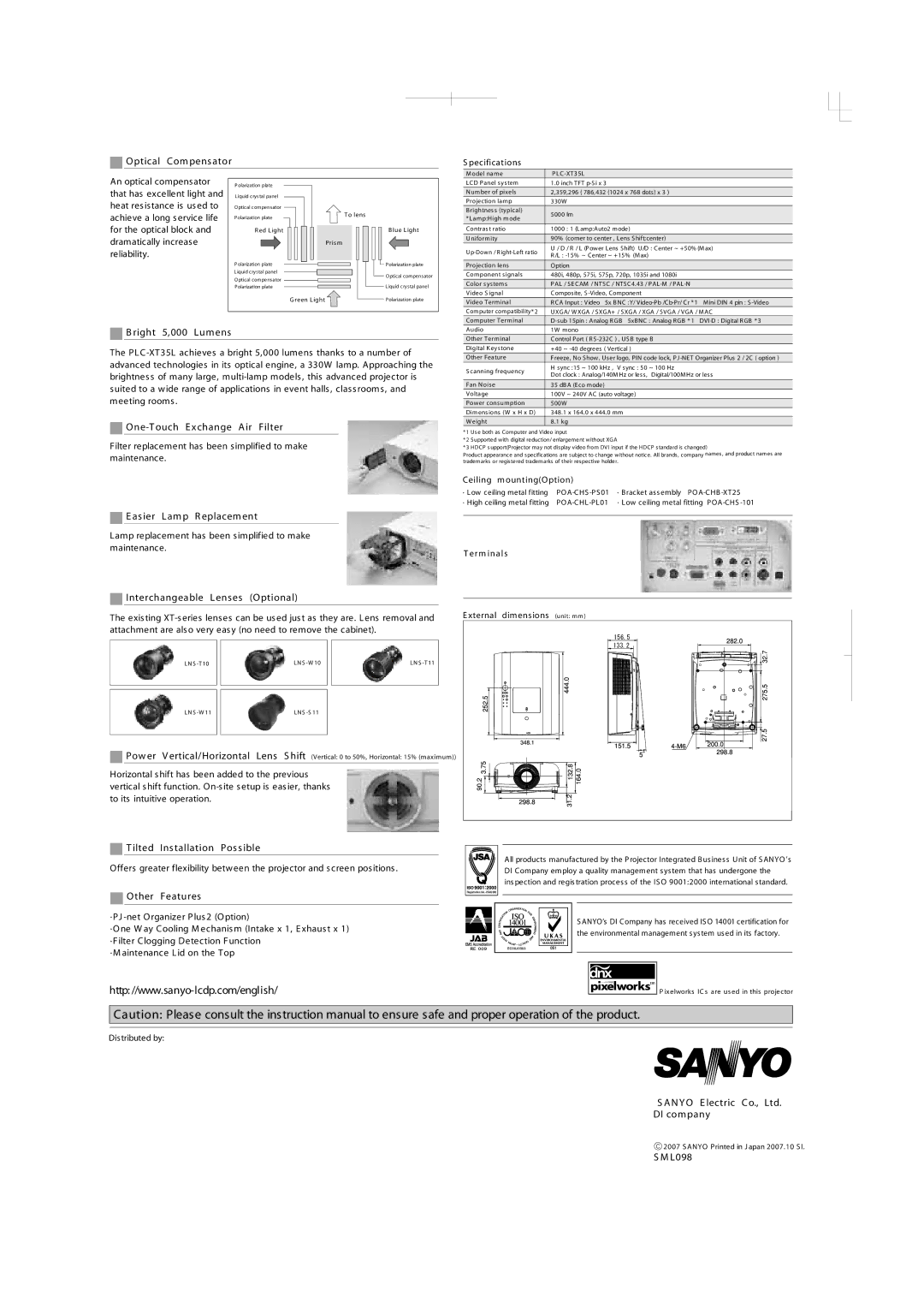 Sanyo PLC-XT35L manual Optical Compensator, Right 5,000 Lumens, One-T ouch E xchange Air Filter, Asier Lamp R eplacement 