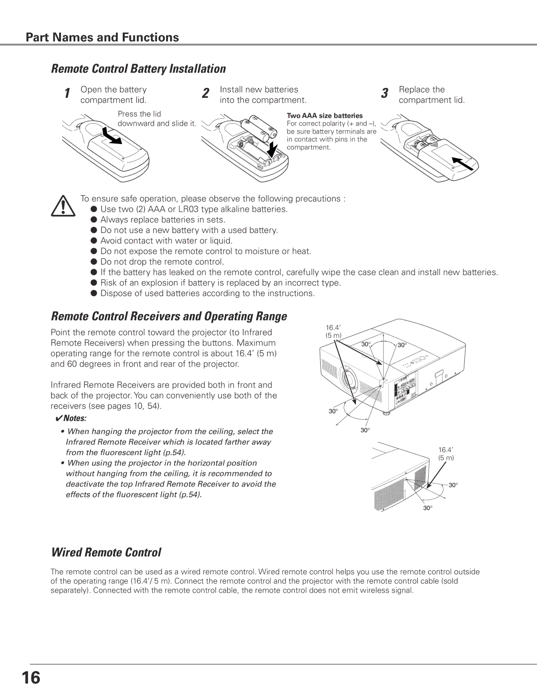 Sanyo PLC-XTC50AL owner manual Remote Control Battery Installation, Wired Remote Control 