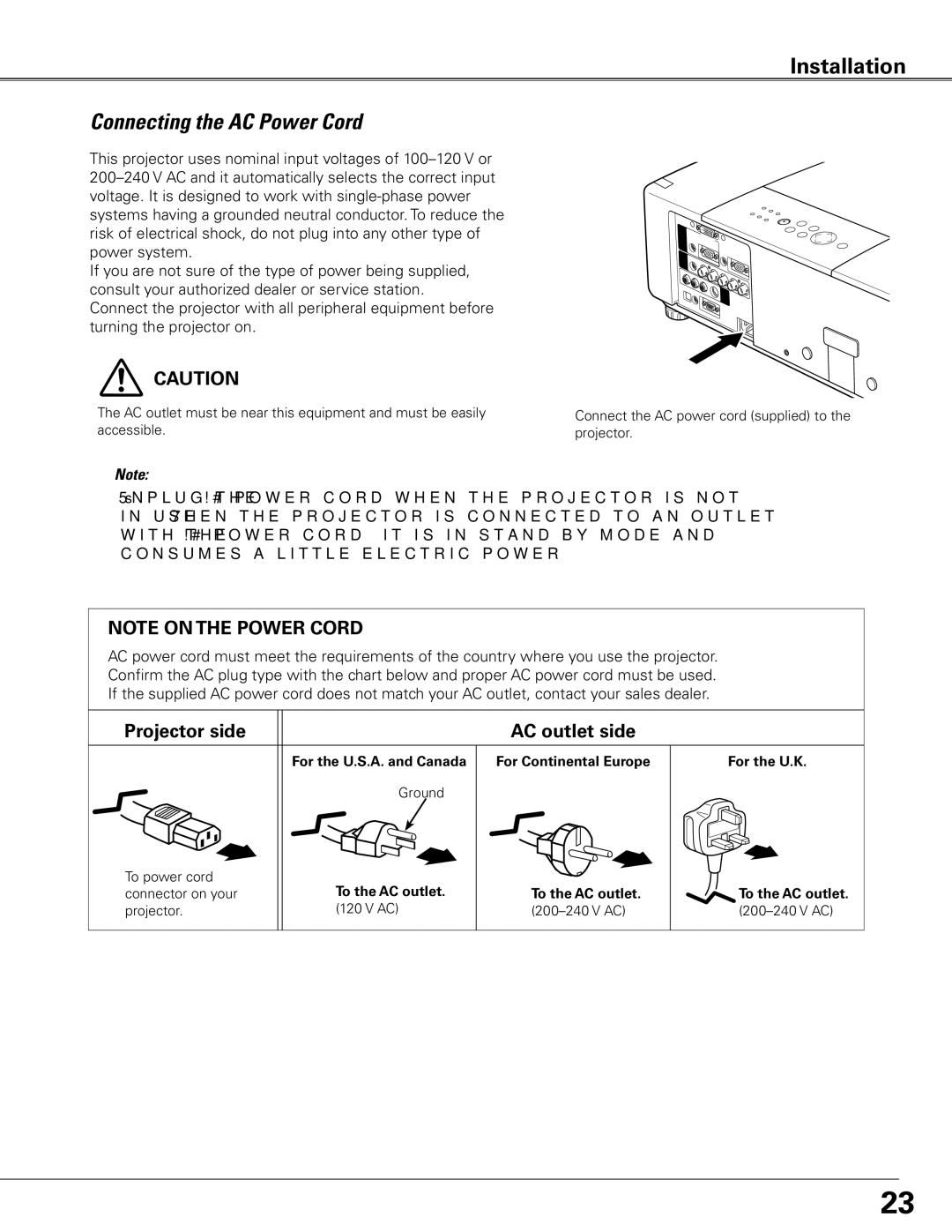 Sanyo PLC-XTC50AL owner manual Connecting the AC Power Cord, Projector side AC outlet side 