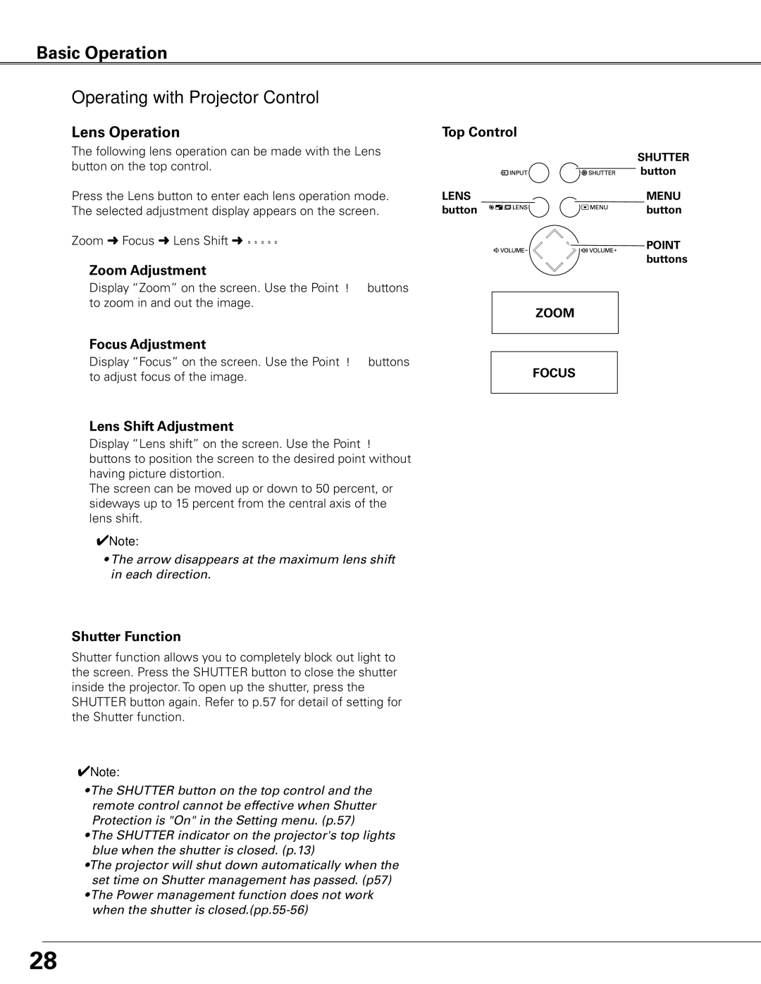 Sanyo PLC-XTC50AL owner manual Operating with Projector Control, Lens Operation, Zoom Adjustment, Focus Adjustment 