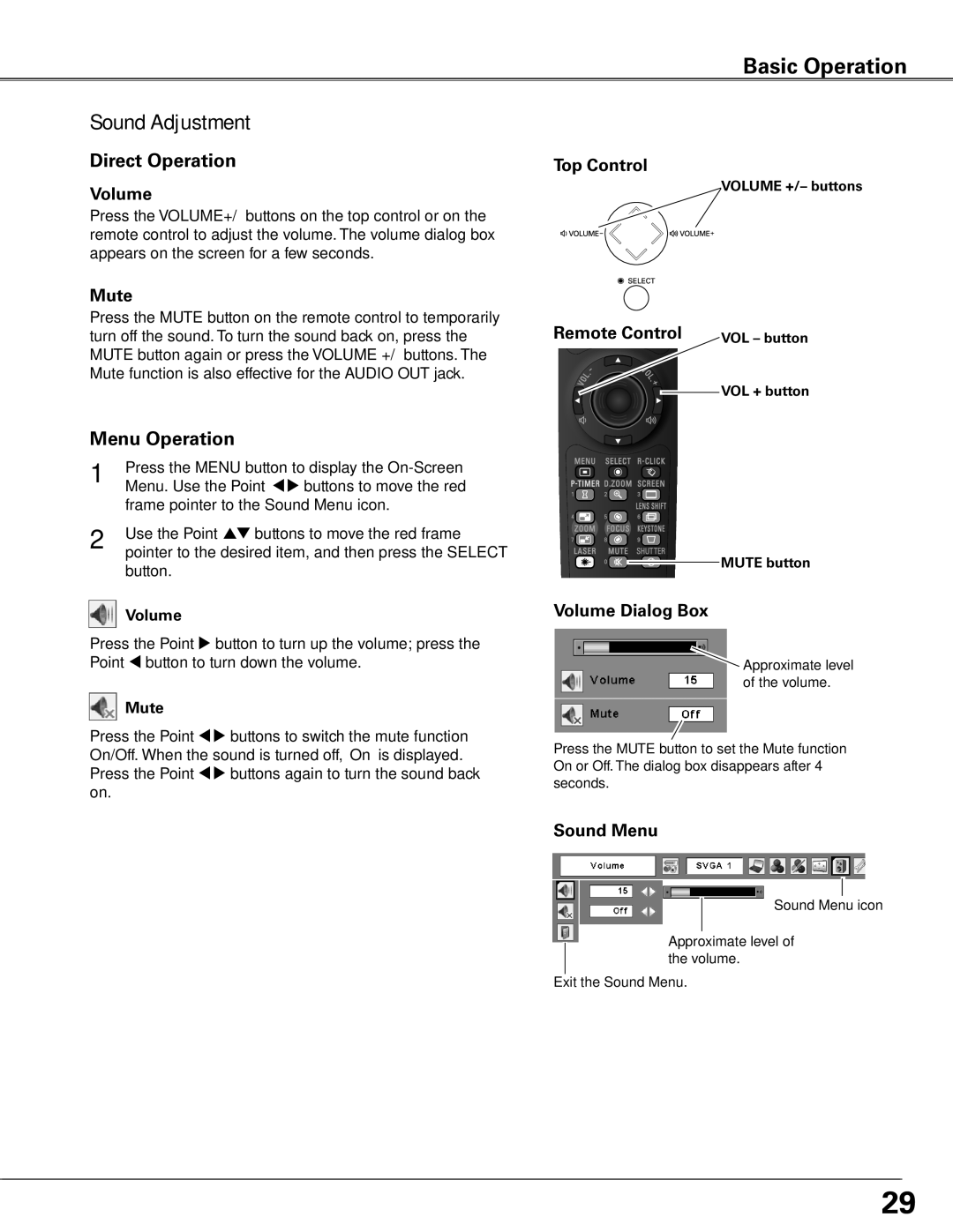 Sanyo PLC-XTC50AL owner manual Sound Adjustment, Direct Operation, Menu Operation 