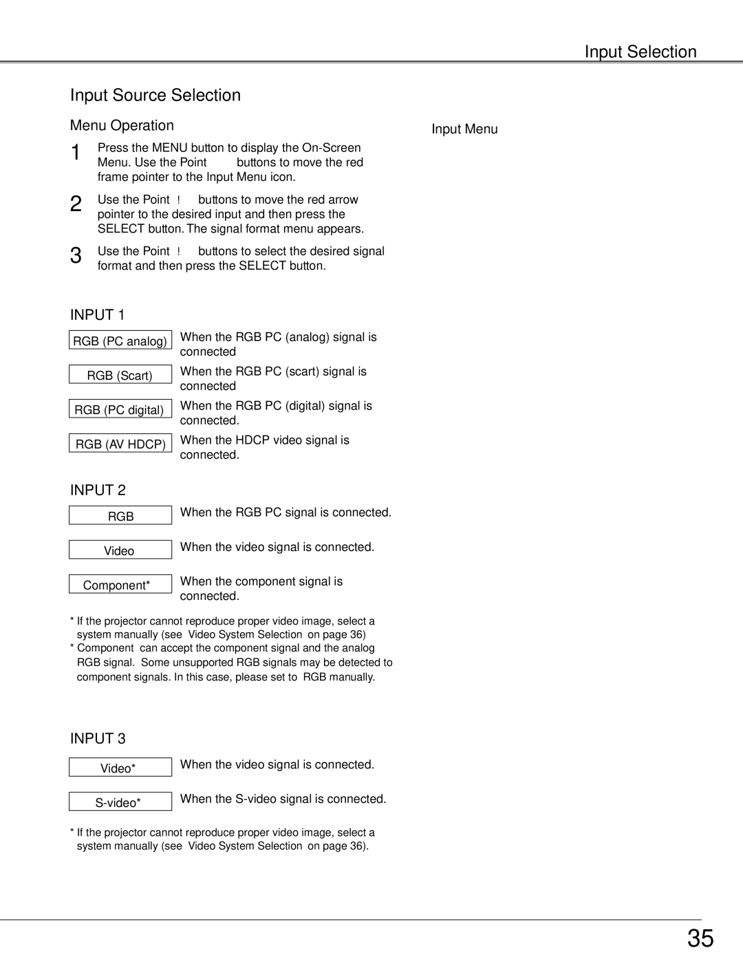 Sanyo PLC-XTC50AL owner manual Input Source Selection, Input Menu, RGB PC analog RGB Scart RGB PC digital, Video Component 