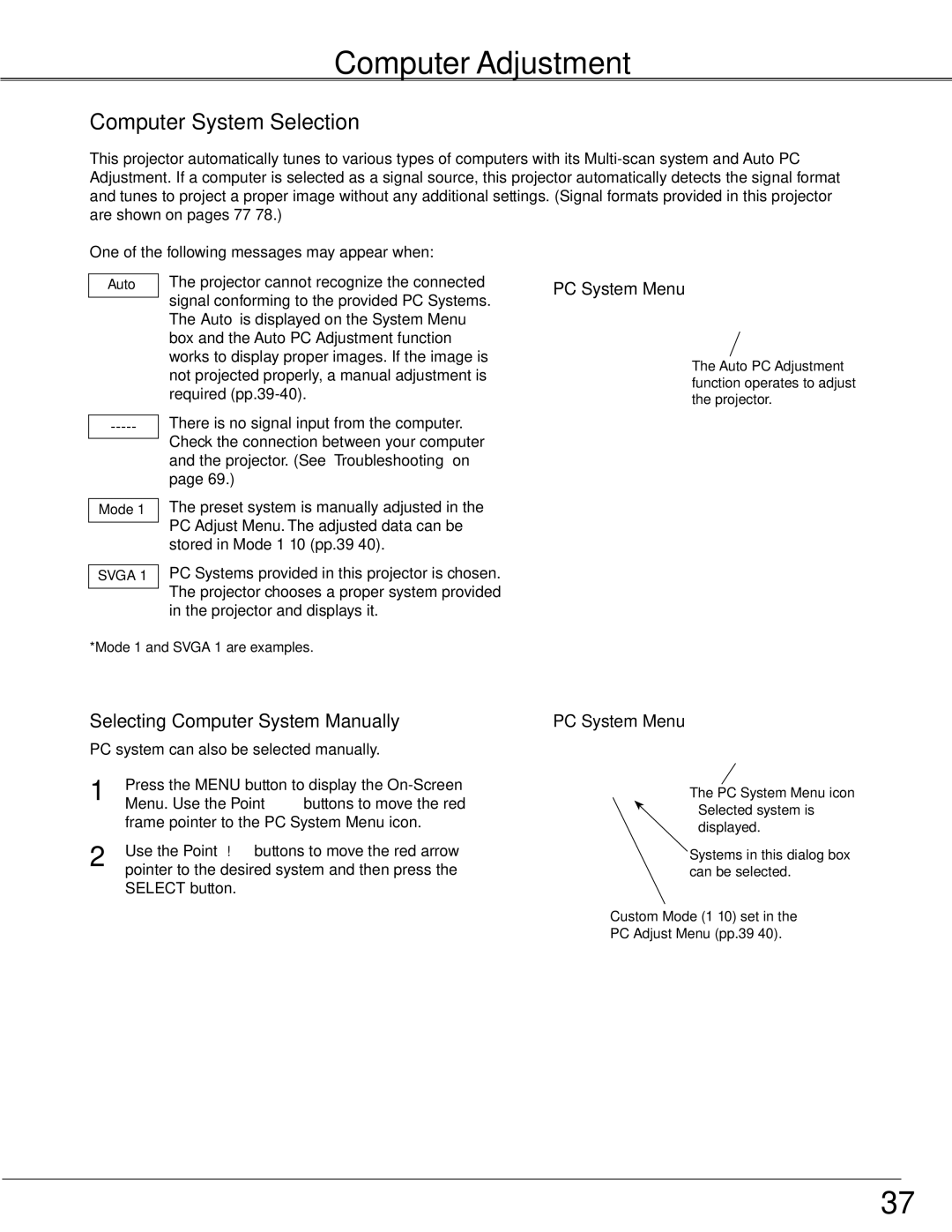 Sanyo PLC-XTC50AL Computer Adjustment, Computer System Selection, Selecting Computer System Manually, PC System Menu 