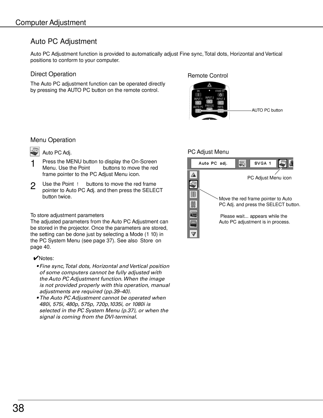 Sanyo PLC-XTC50AL owner manual Auto PC Adjustment, PC Adjust Menu, To store adjustment parameters 