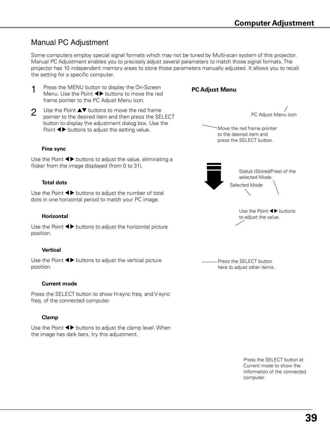 Sanyo PLC-XTC50AL owner manual Manual PC Adjustment 