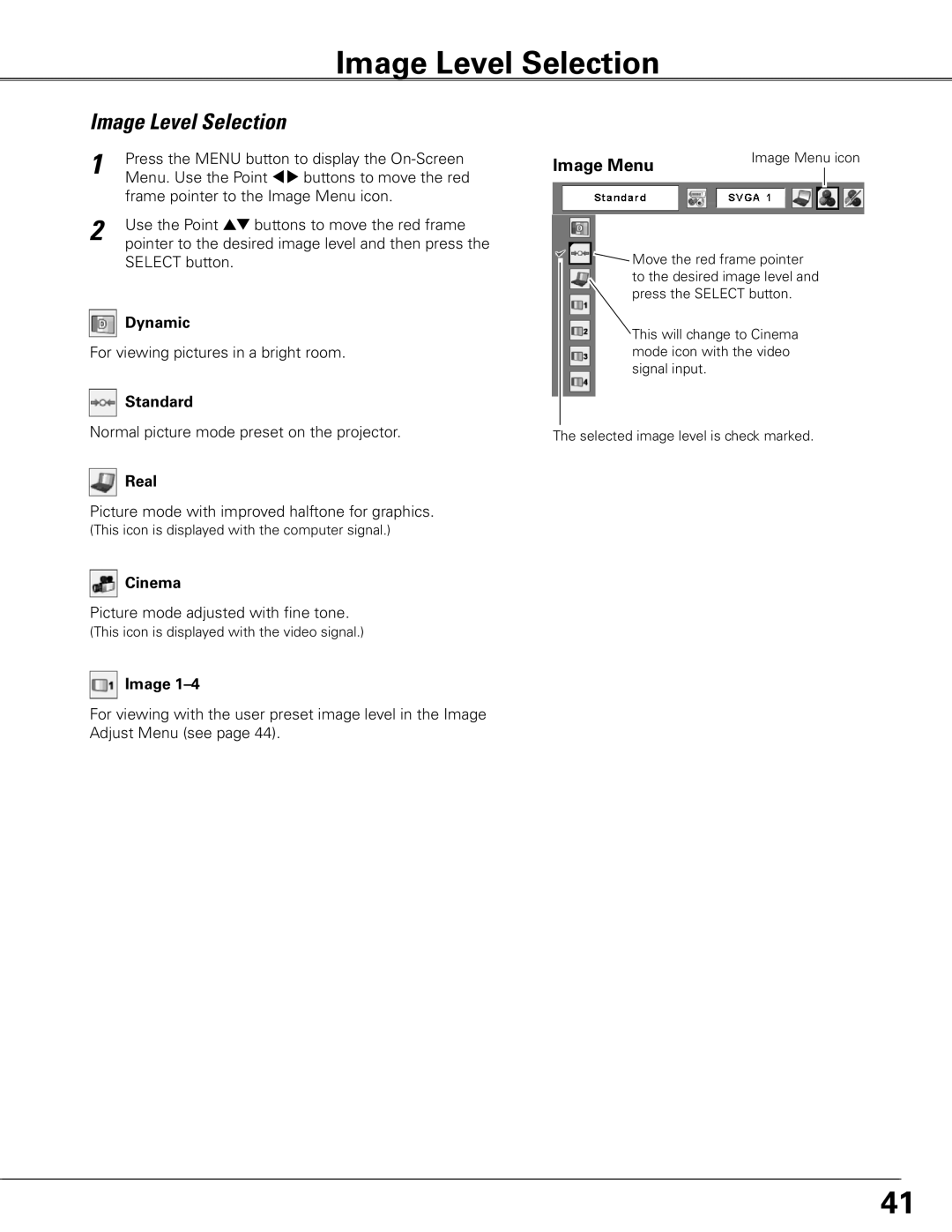 Sanyo PLC-XTC50AL owner manual Image Level Selection, Image Menu 