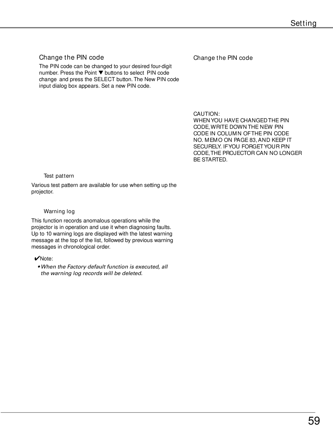 Sanyo PLC-XTC50AL owner manual Change the PIN code, Test pattern 