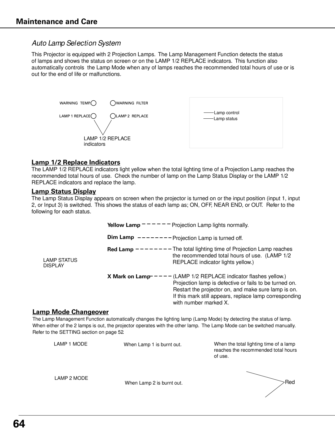 Sanyo PLC-XTC50AL Auto Lamp Selection System, Lamp 1/2 Replace Indicators, Lamp Status Display, Lamp Mode Changeover 