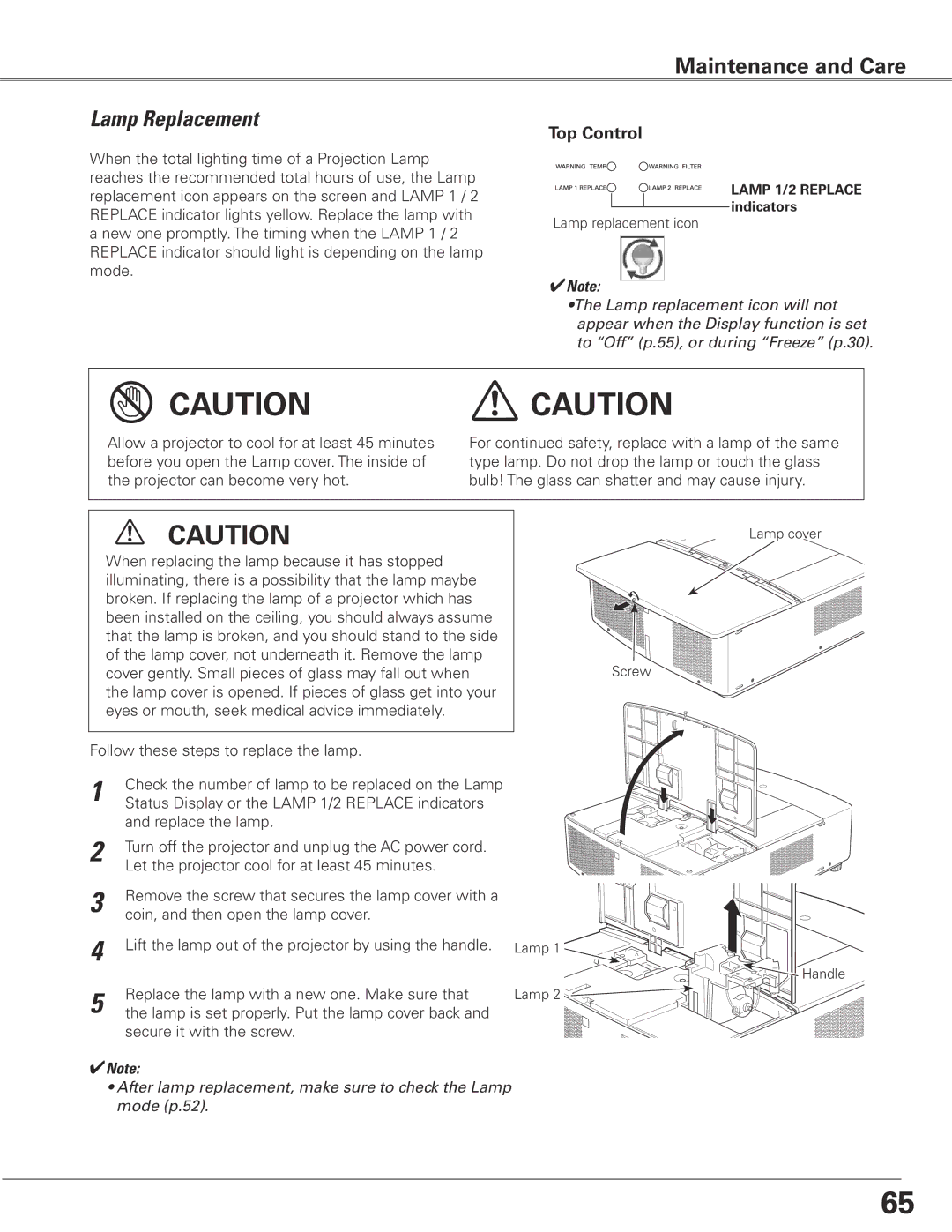 Sanyo PLC-XTC50AL owner manual Lamp Replacement, Top Control 